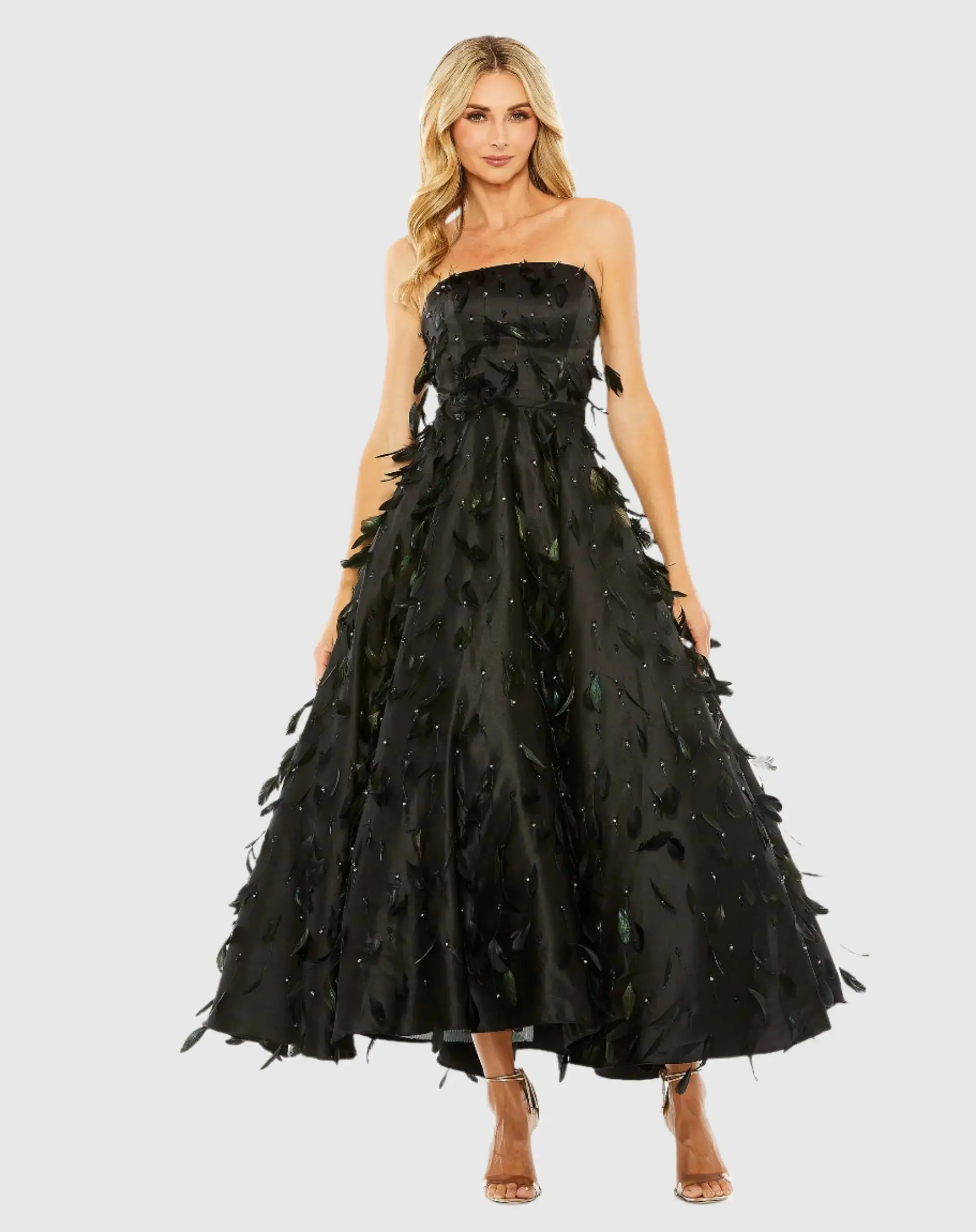 Black Strapless Feather Embellished Satin A-Line Dress - Image 4