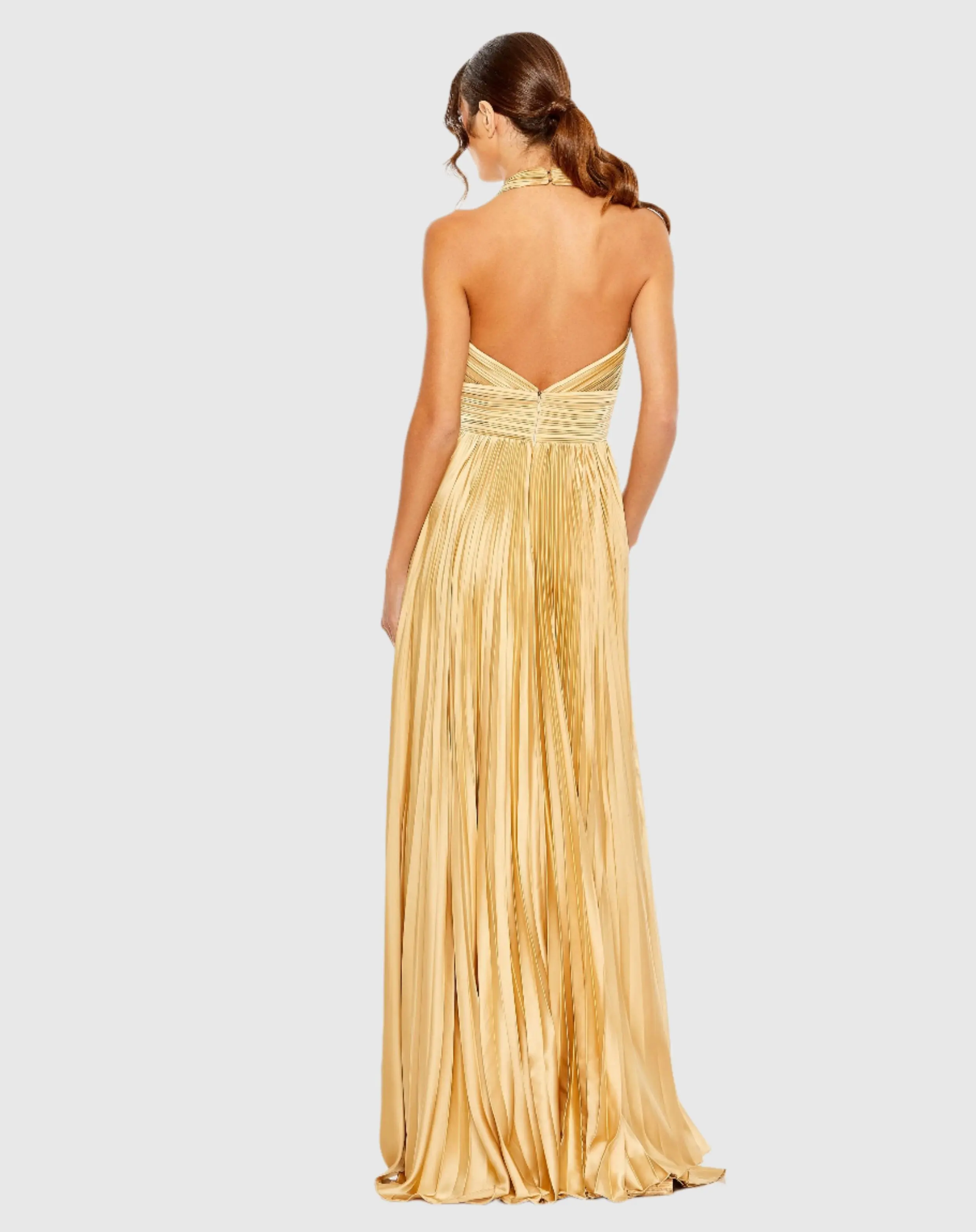Gold Pleated Halter Neck Gown with Center Bow - Image 3