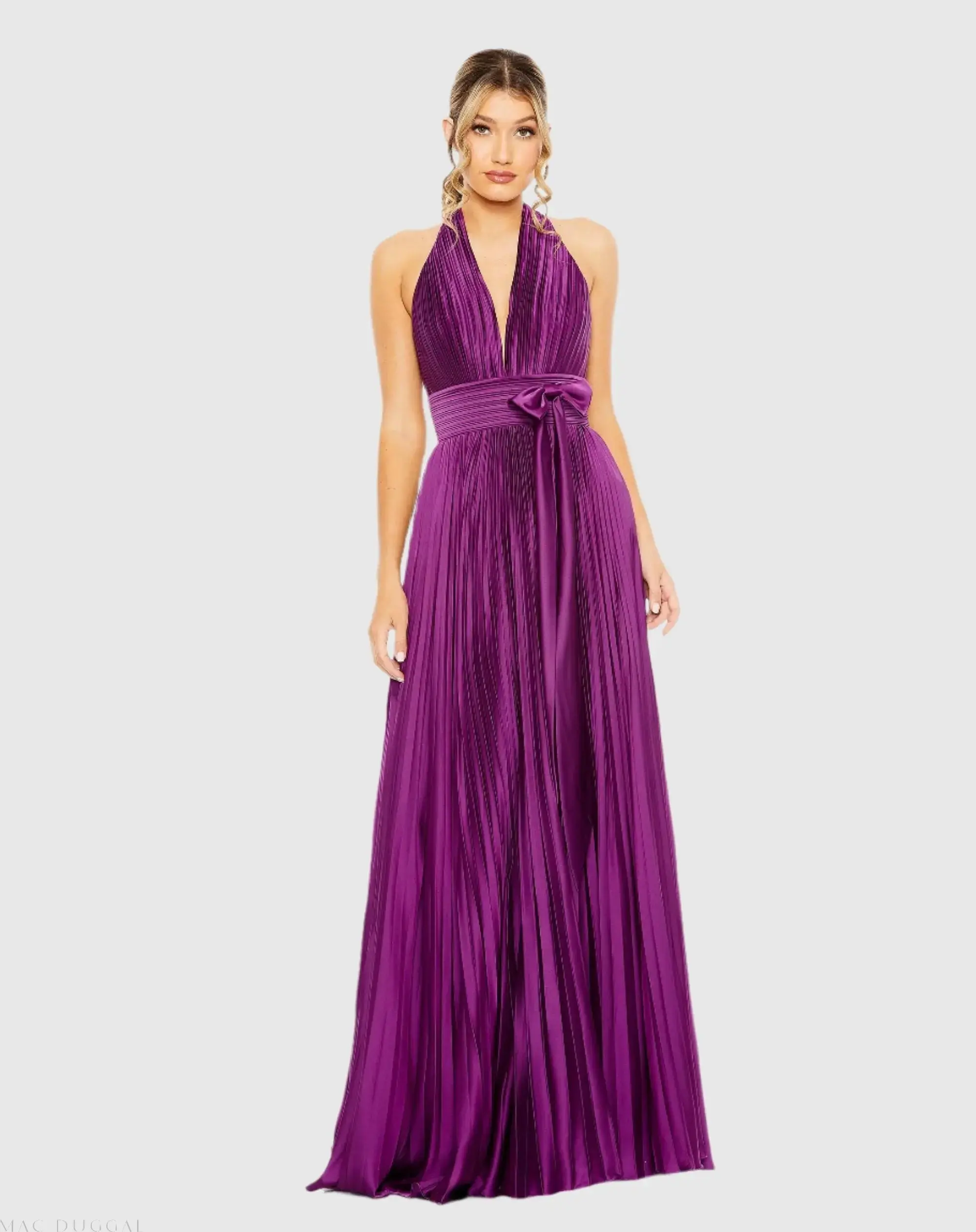 Pleated Halter Neck Gown with Center Bow - Image 2