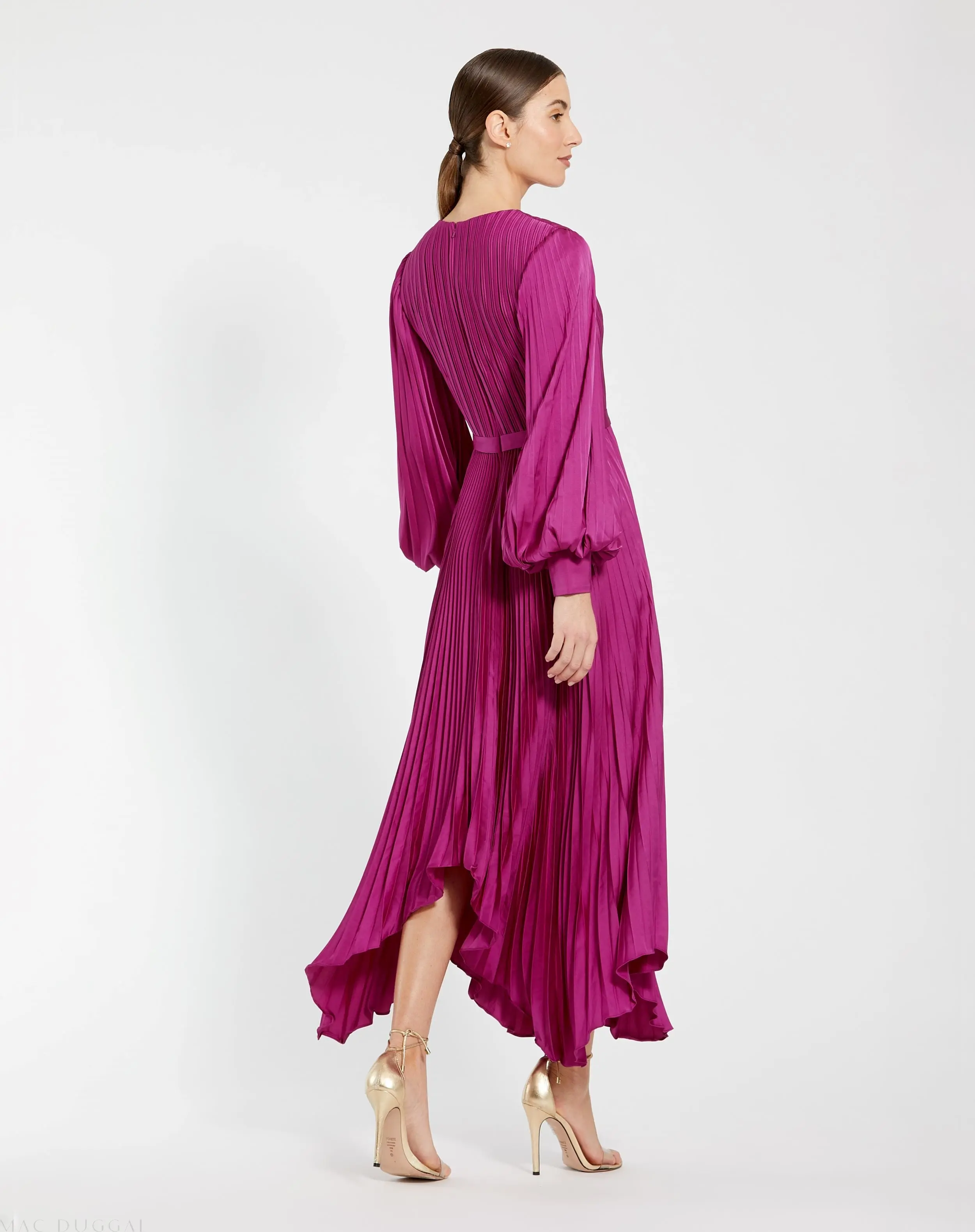 Purple Long Sleeve Pleated Charmeuse Handkerchief Dress - Image 3