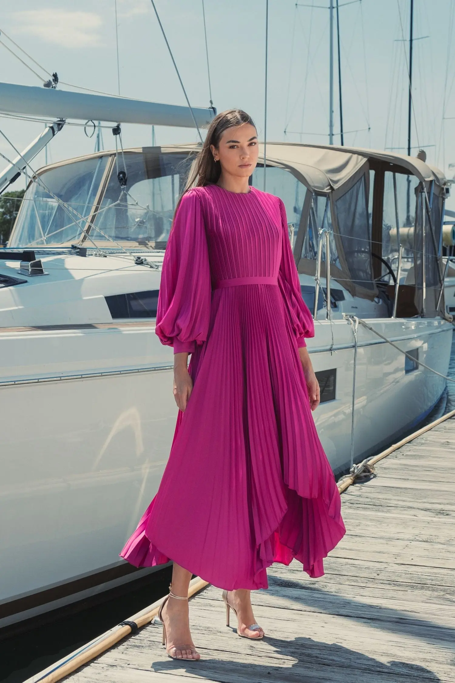 Purple Long Sleeve Pleated Charmeuse Handkerchief Dress - Image 4