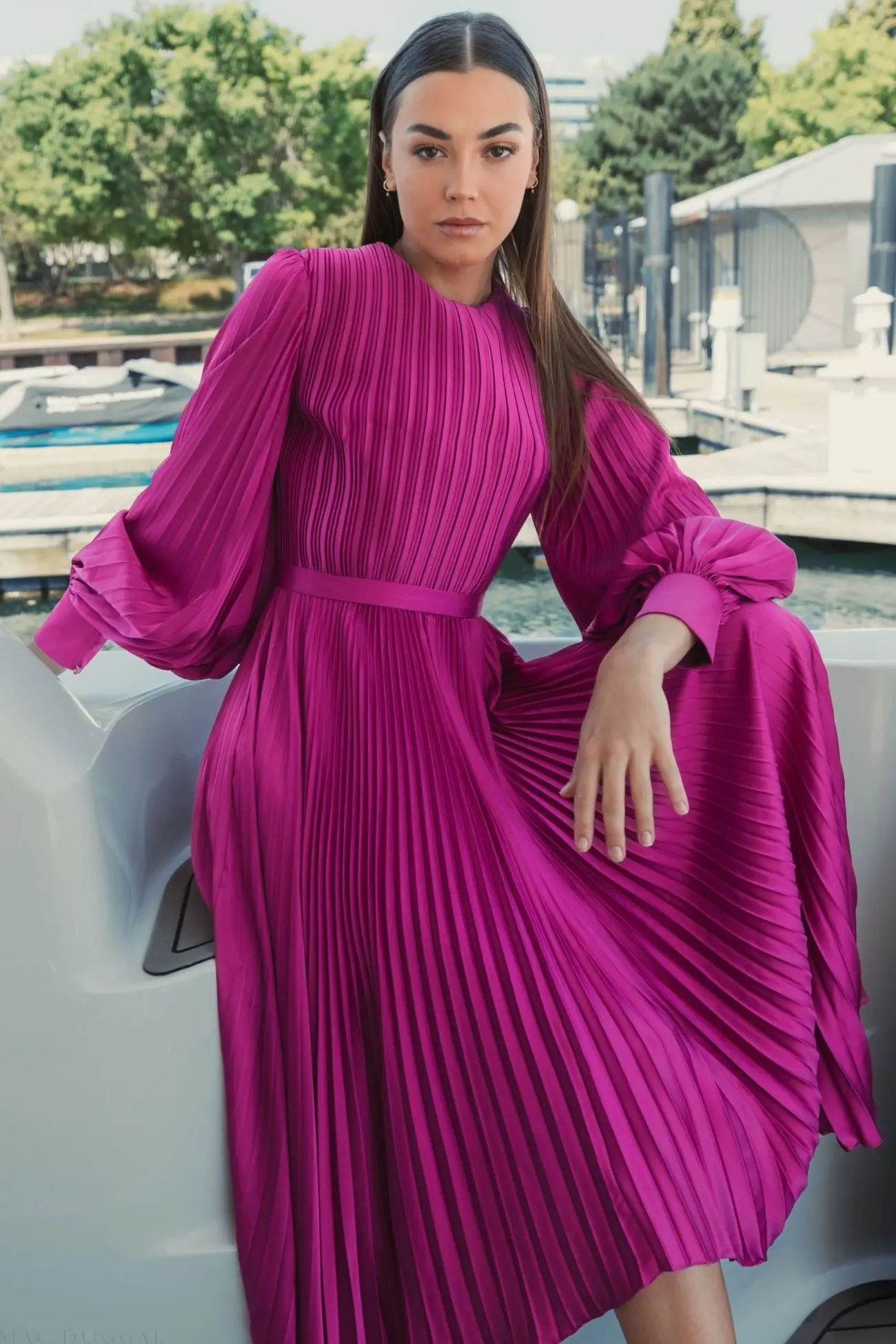Purple Long Sleeve Pleated Charmeuse Handkerchief Dress - Image 6