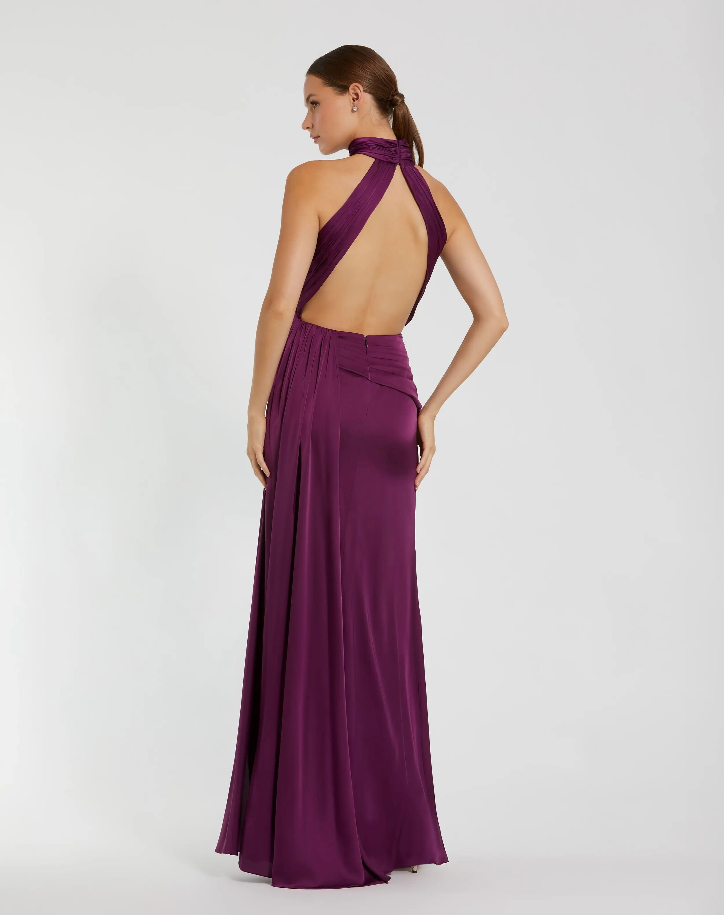 Purple Open Back High Neck Side Ruched Gown - Image 3