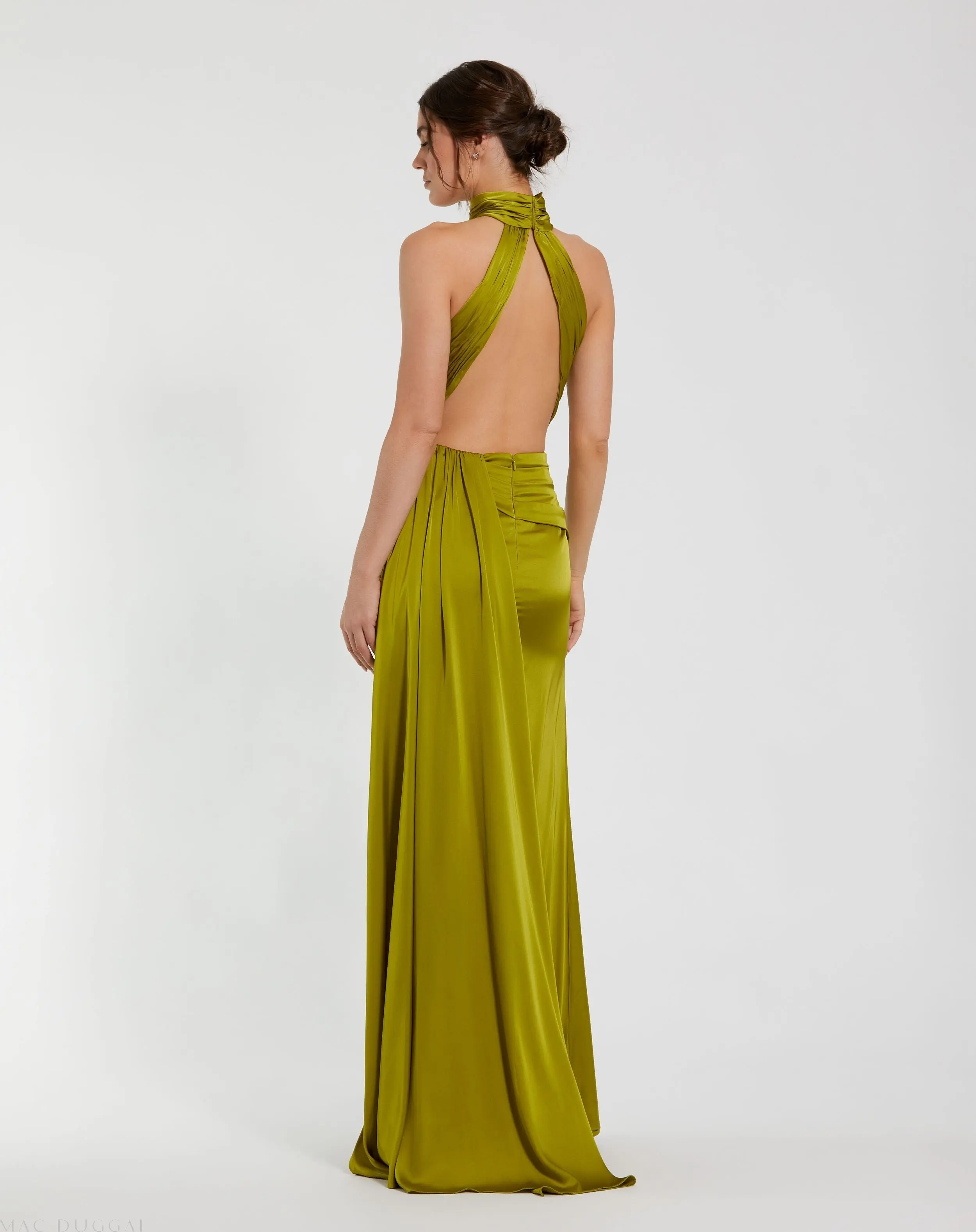 Dark Green Open Back High Neck Side Ruched Gown - Image 3
