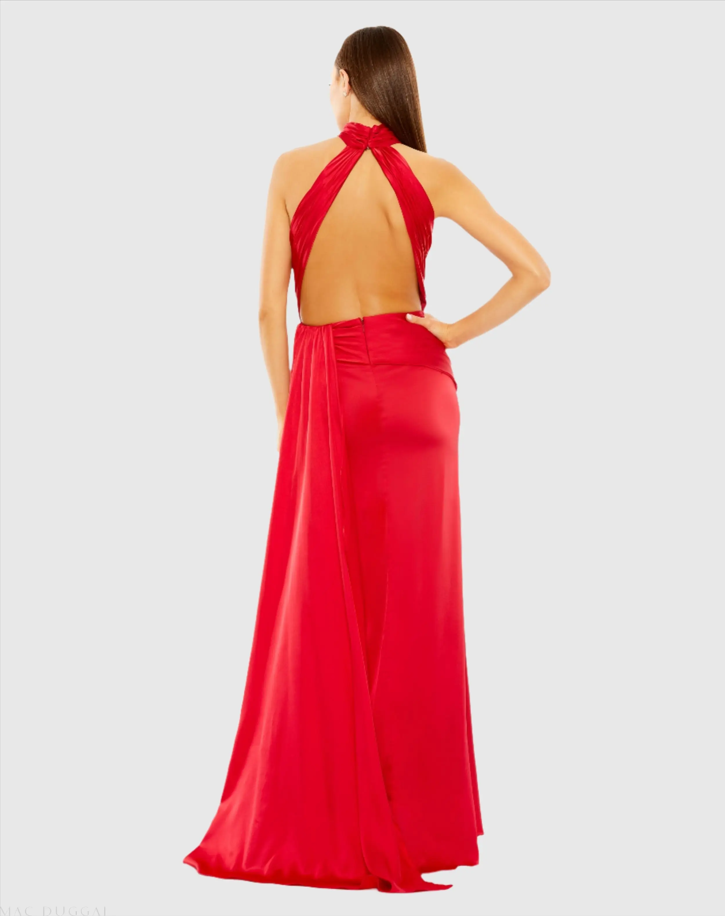 Red Open Back High Neck Side Ruched Gown - Image 3
