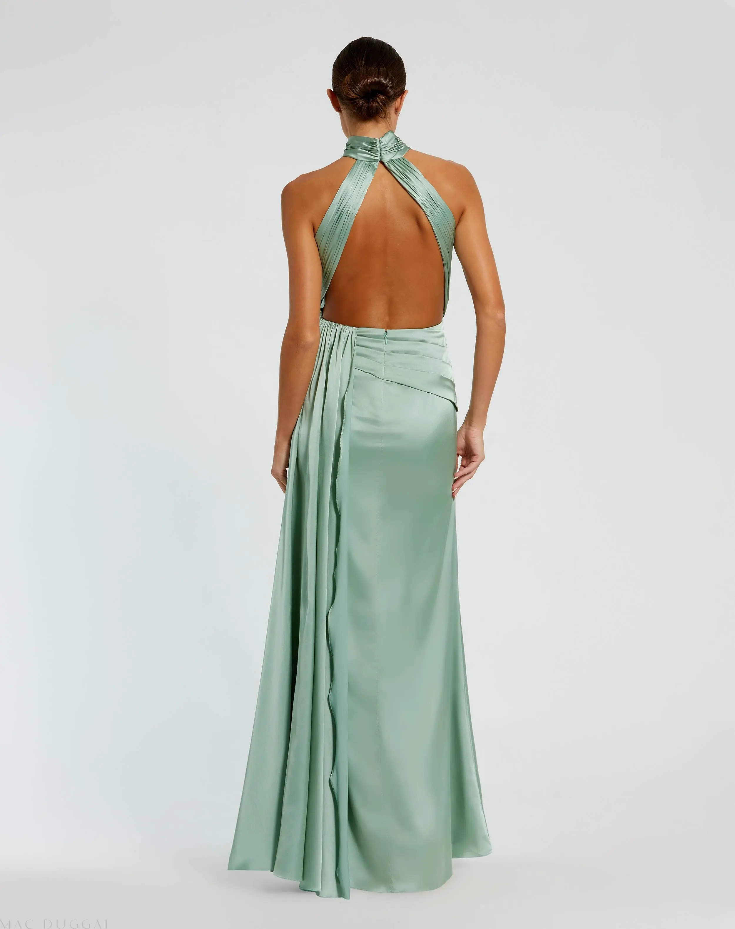 Green Open Back High Neck Side Ruched Gown - Image 3