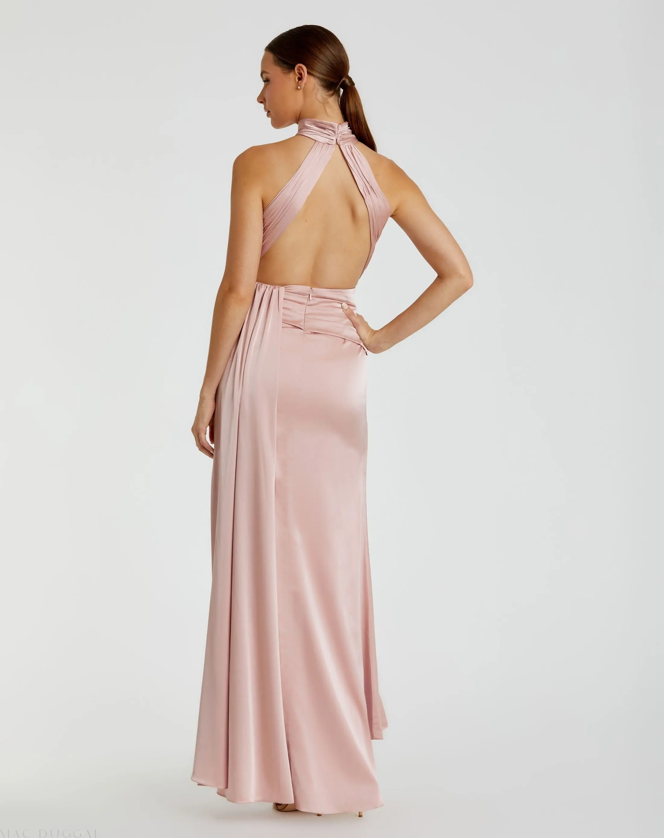 Pink Open Back High Neck Side Ruched Gown - Image 3