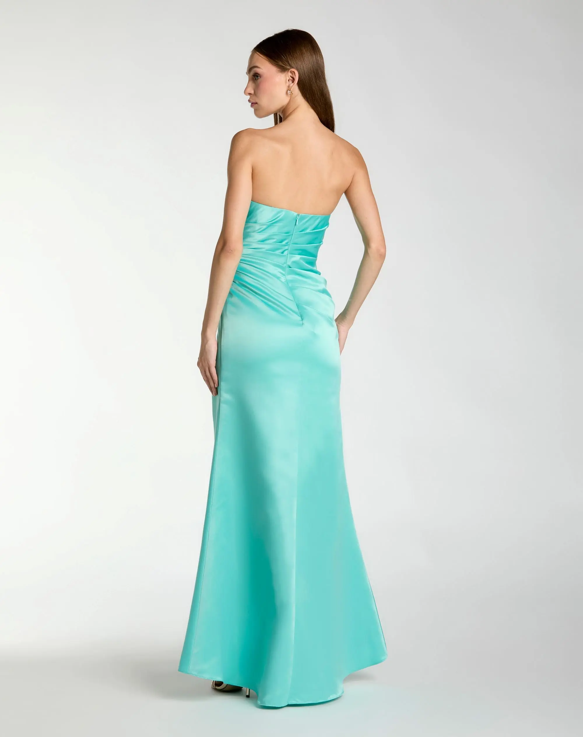 Blue Strapless Gathered High Slit Gown - Image 3