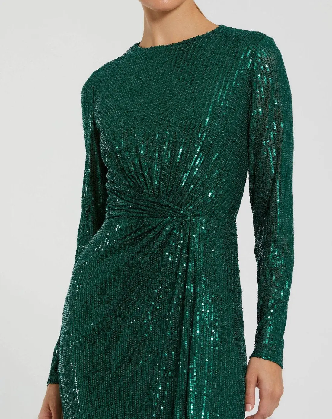 Green Sequined Long Sleeve Side Knot Gown - Image 2