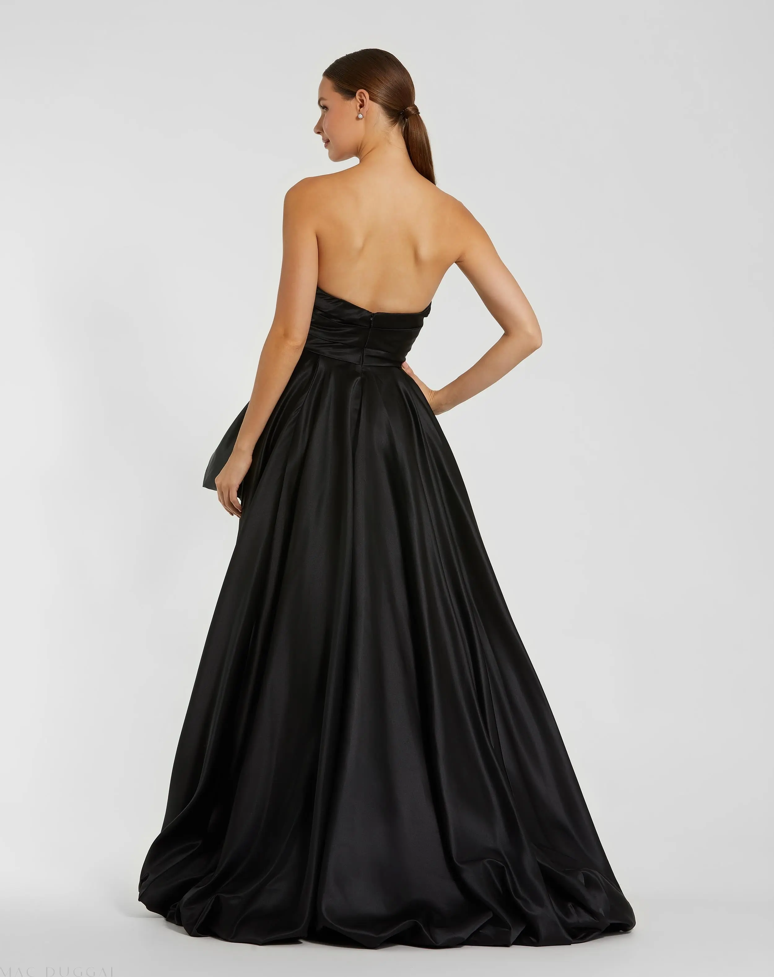 Black Strapless Ruched High Low Gown - Image 3