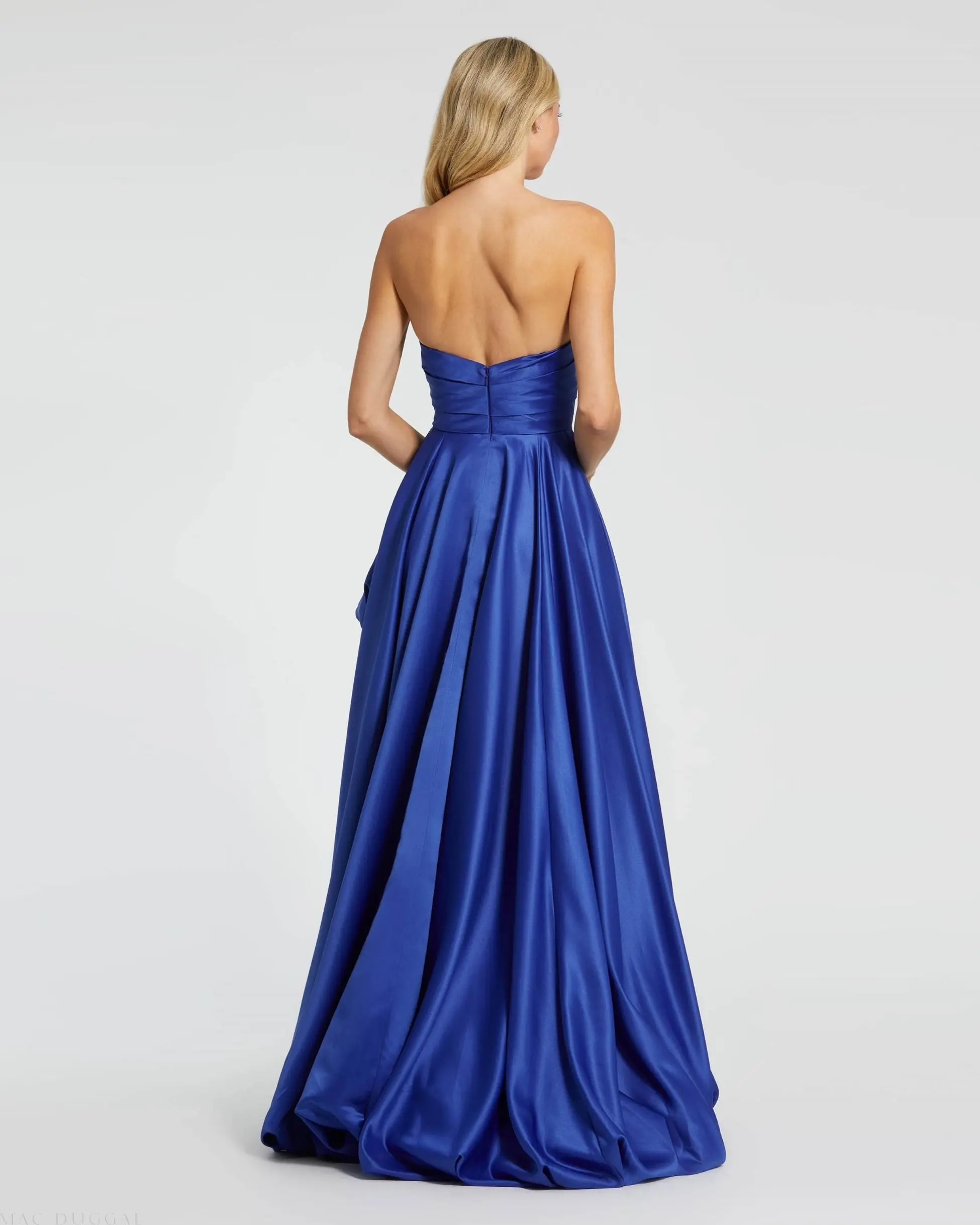 Blue Strapless Ruched High Low Gown - Image 4