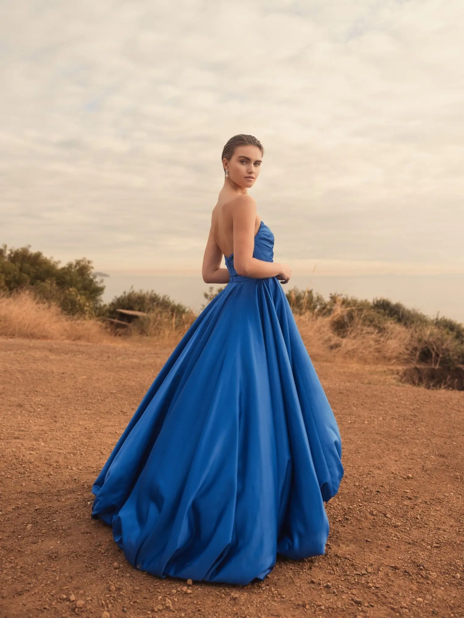 Blue Strapless Ruched High Low Gown - Image 7