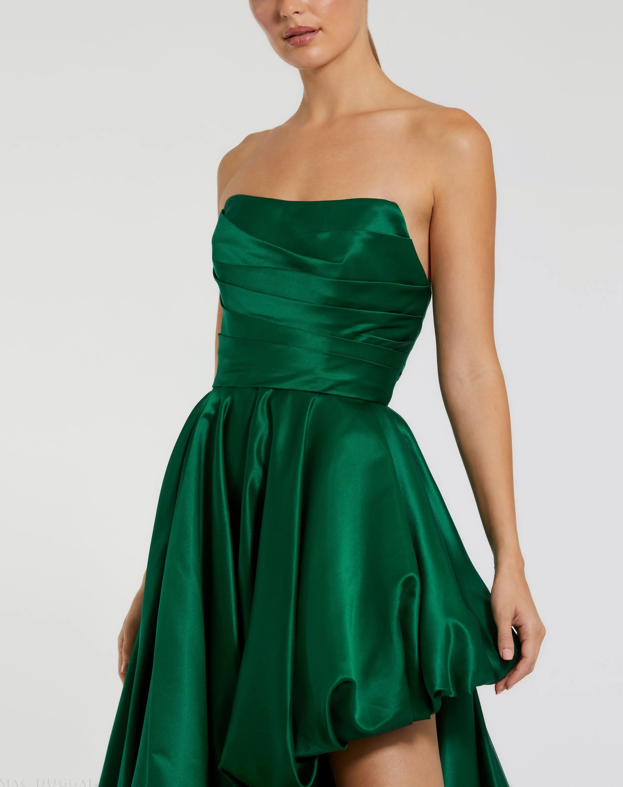 Green Strapless Ruched High Low Gown - Image 2