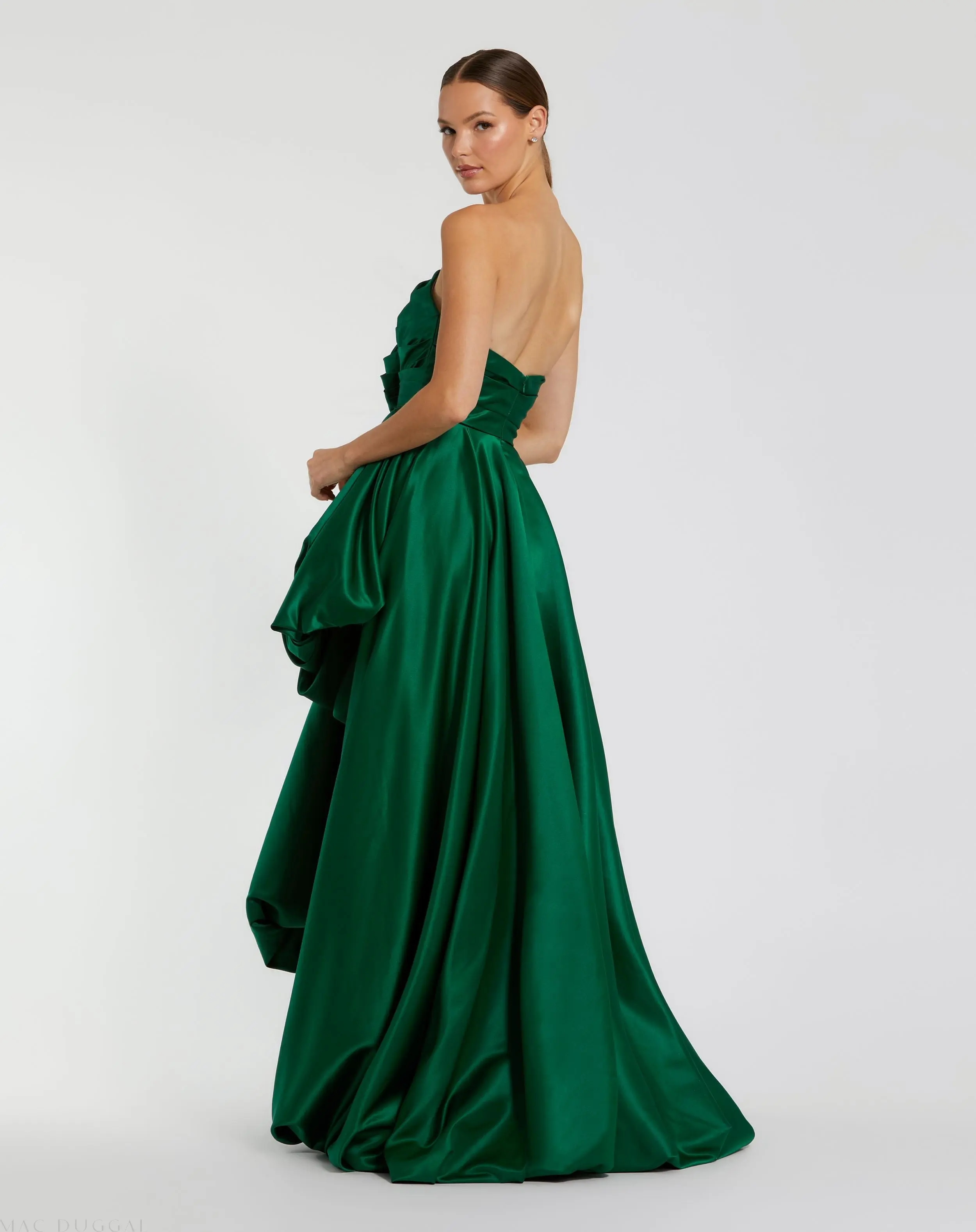 Green Strapless Ruched High Low Gown - Image 3