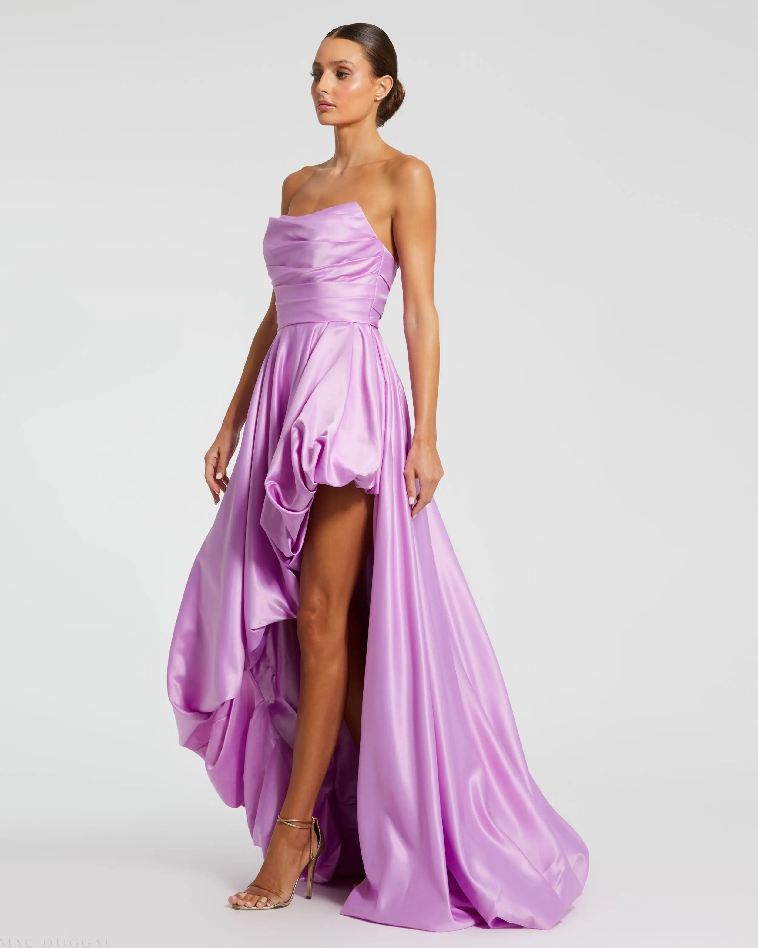 Purple Strapless Ruched High Low Gown - Image 3