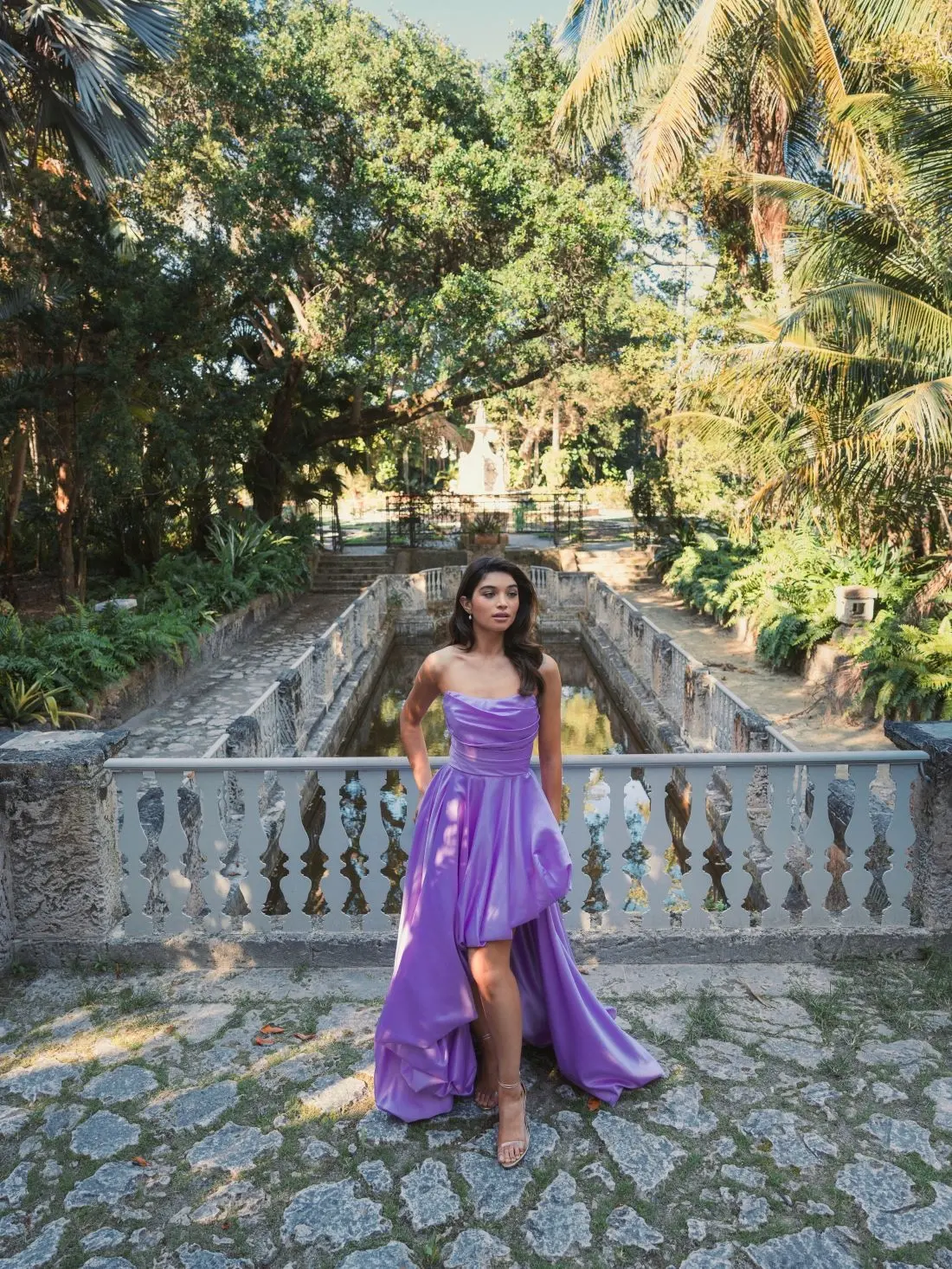 Purple Strapless Ruched High Low Gown - Image 5