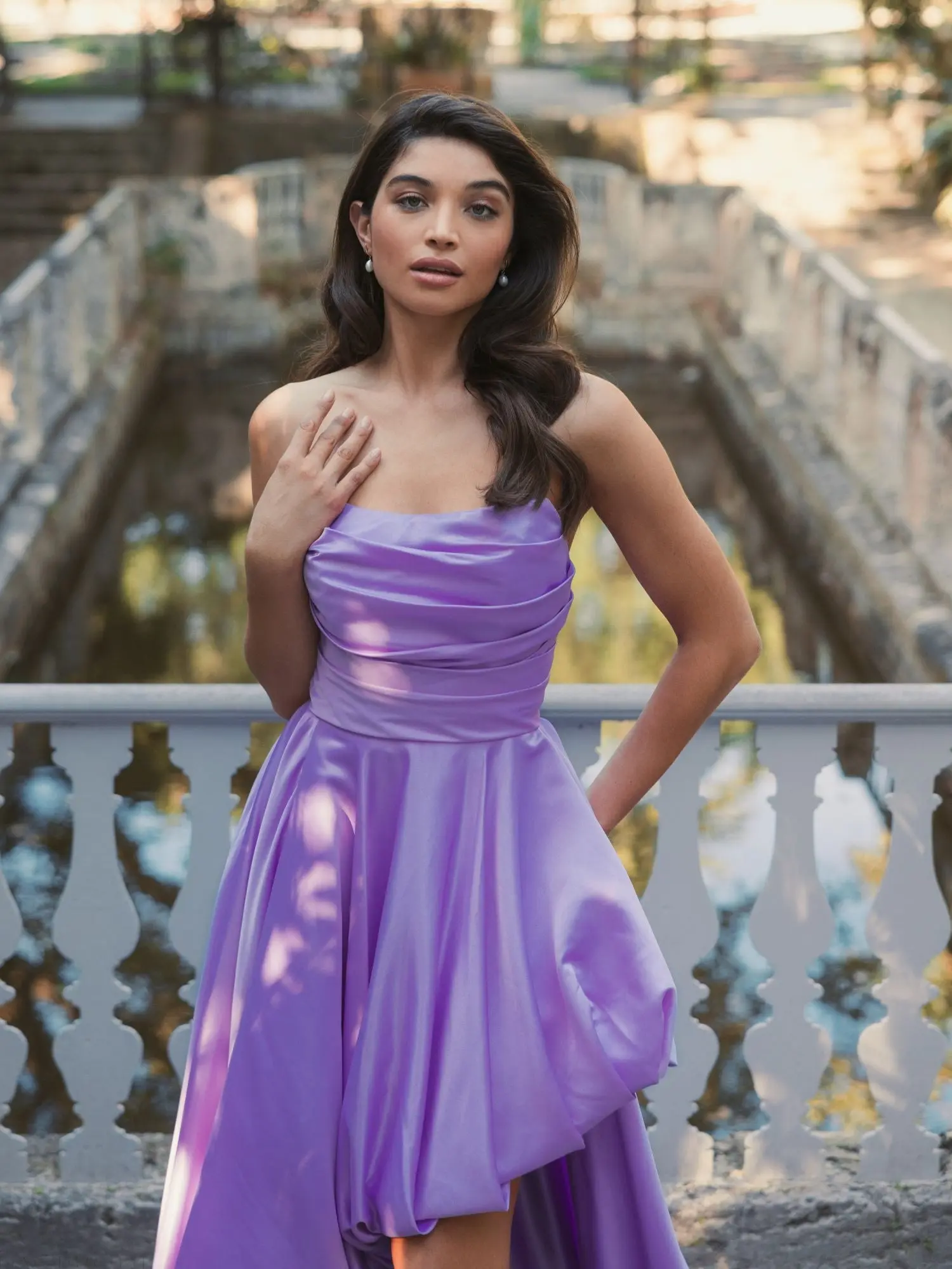 Purple Strapless Ruched High Low Gown - Image 6