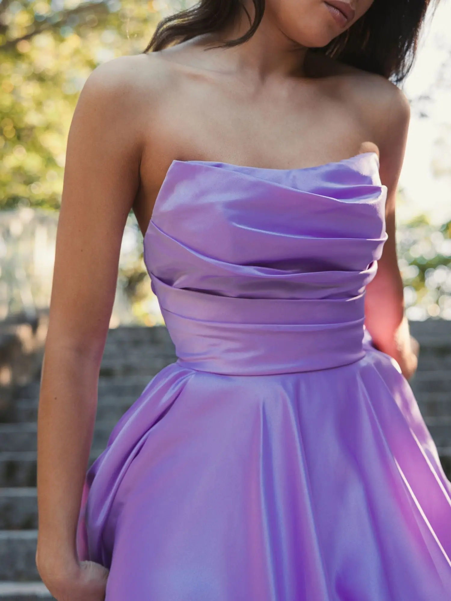 Purple Strapless Ruched High Low Gown - Image 7