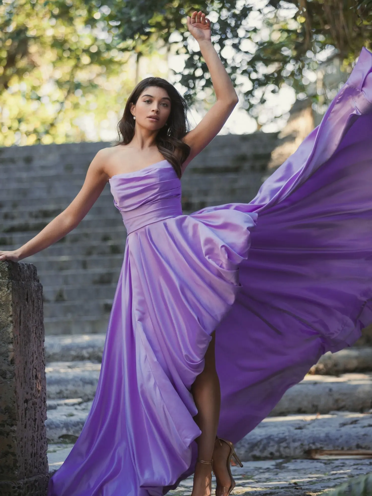 Purple Strapless Ruched High Low Gown - Image 8