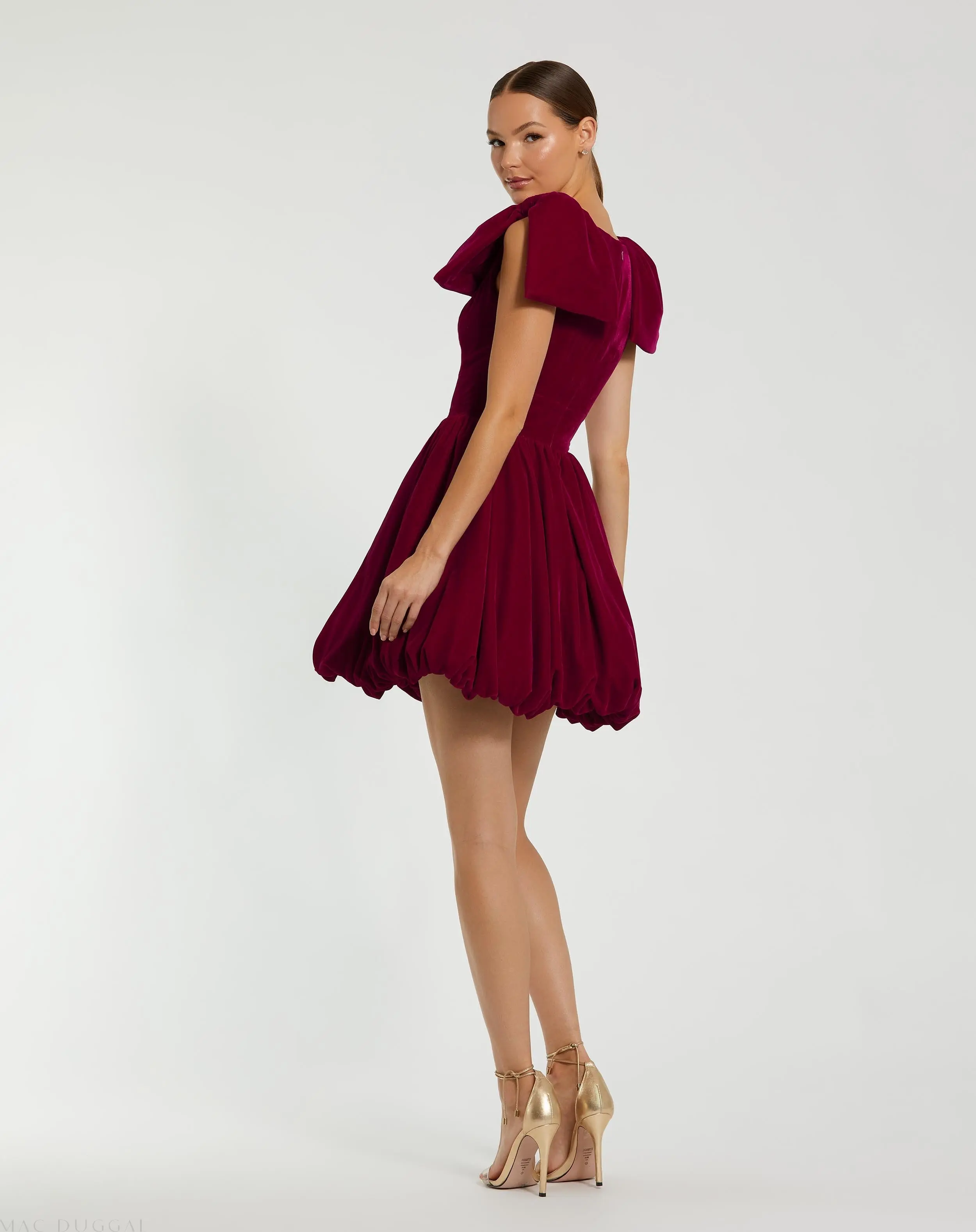 Red Velvet Shoulder Bow Bubble Mini Dress - FINAL SALE - Image 3