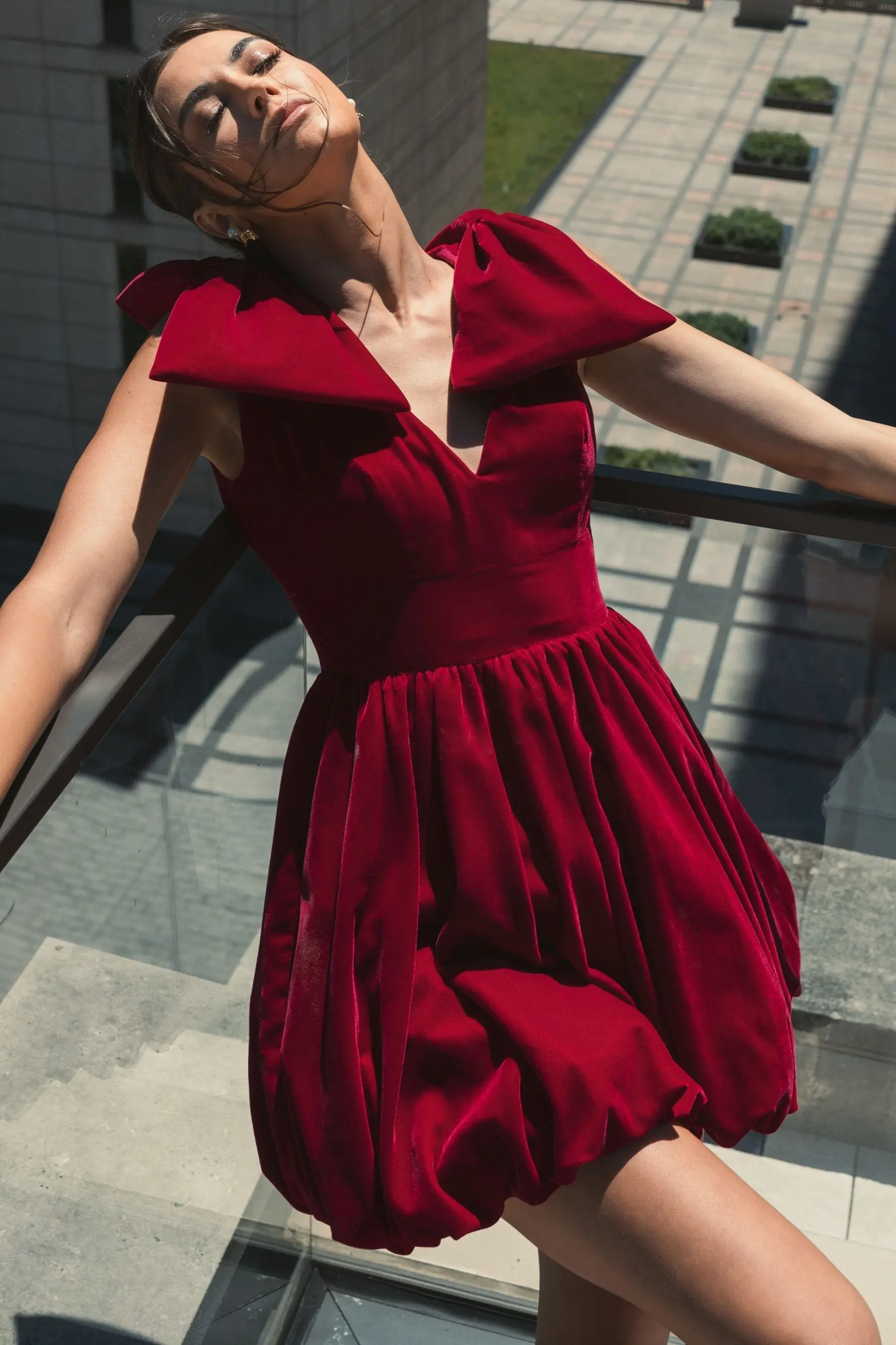 Red Velvet Shoulder Bow Bubble Mini Dress - FINAL SALE - Image 5