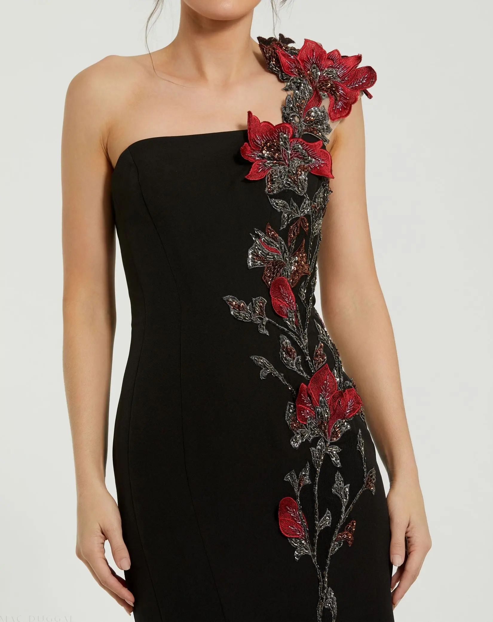 Black Off The Shoulder Embroidered Mermaid Gown - Image 2