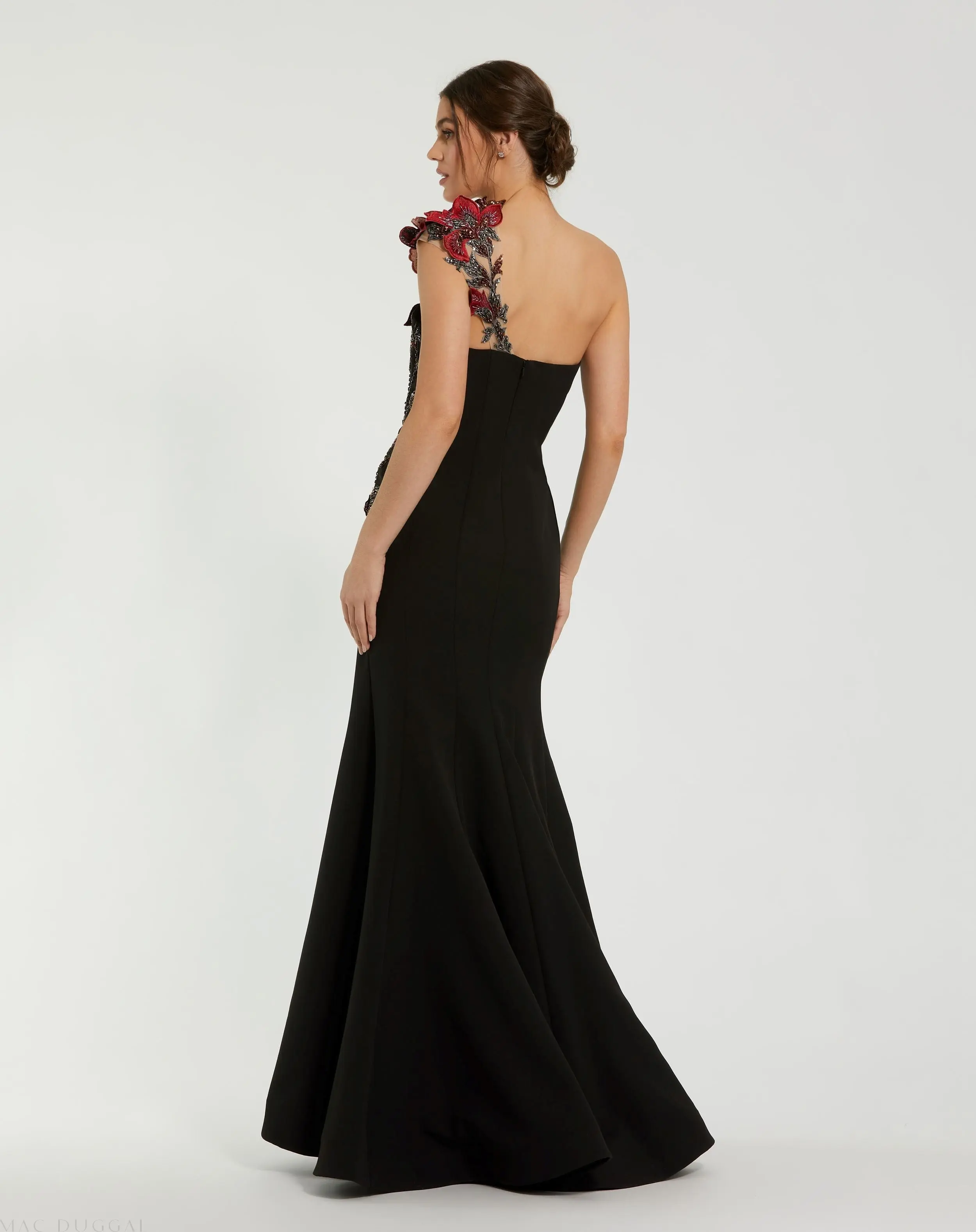 Black Off The Shoulder Embroidered Mermaid Gown - Image 3