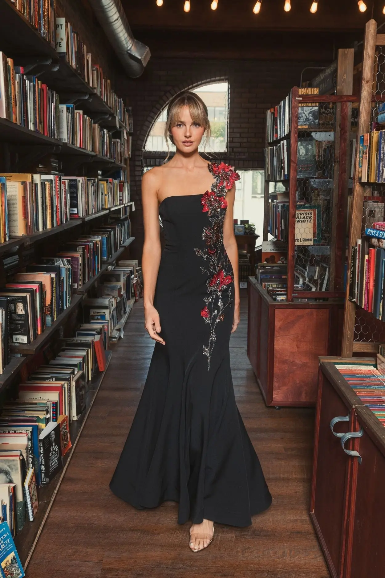 Black Off The Shoulder Embroidered Mermaid Gown - Image 4