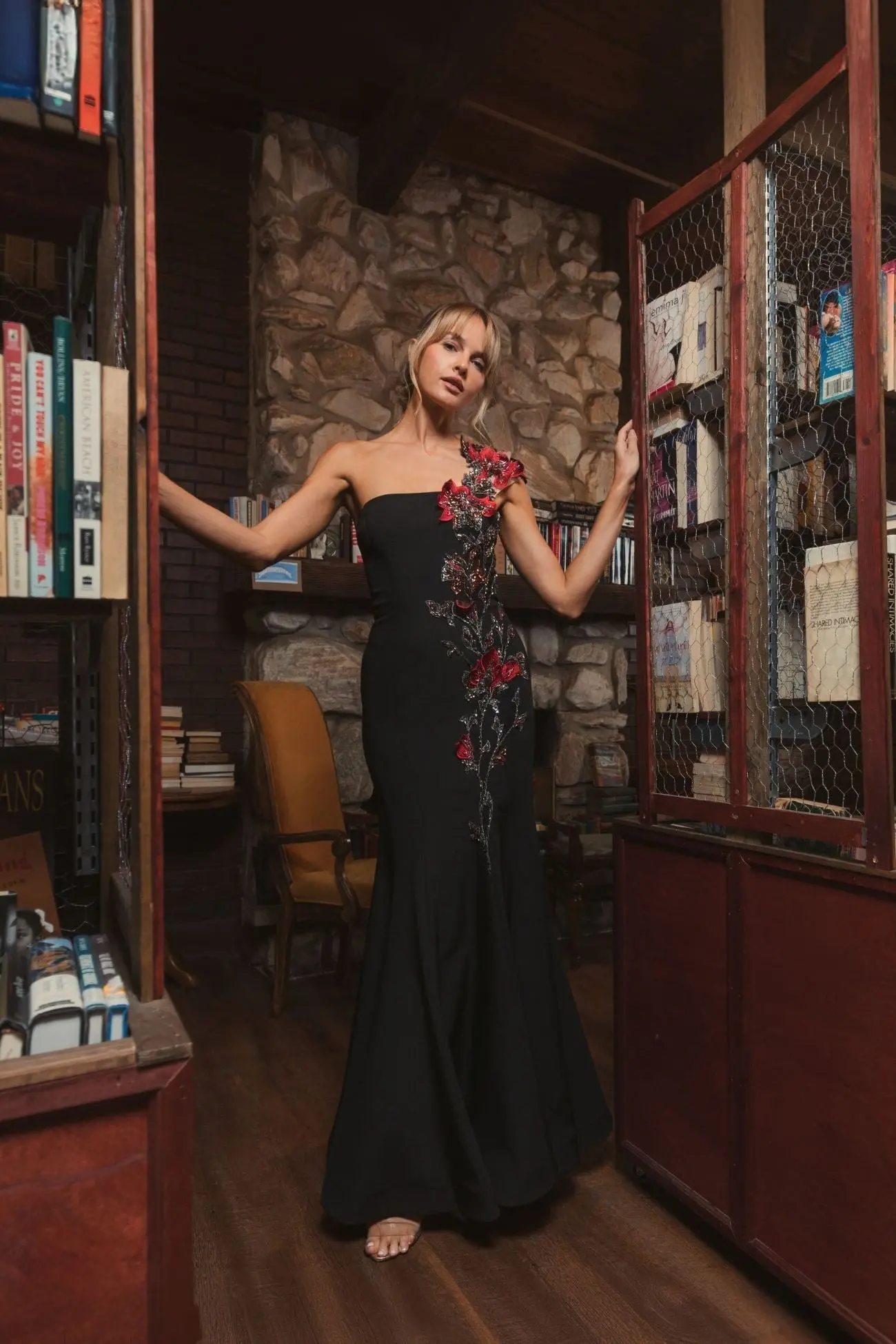 Black Off The Shoulder Embroidered Mermaid Gown - Image 5