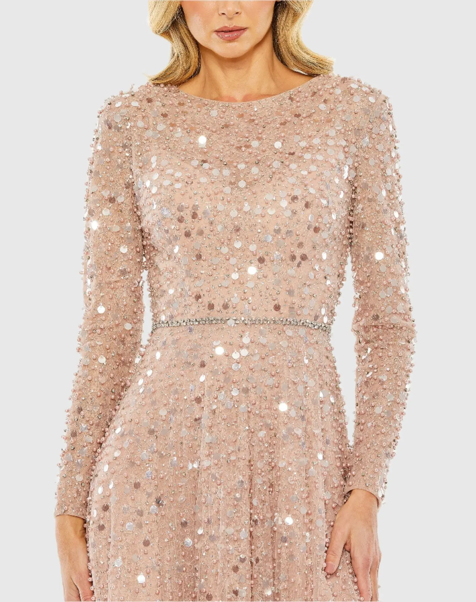 Pink Disc Embellished Sequin Gown with Feather Detail - Image 2