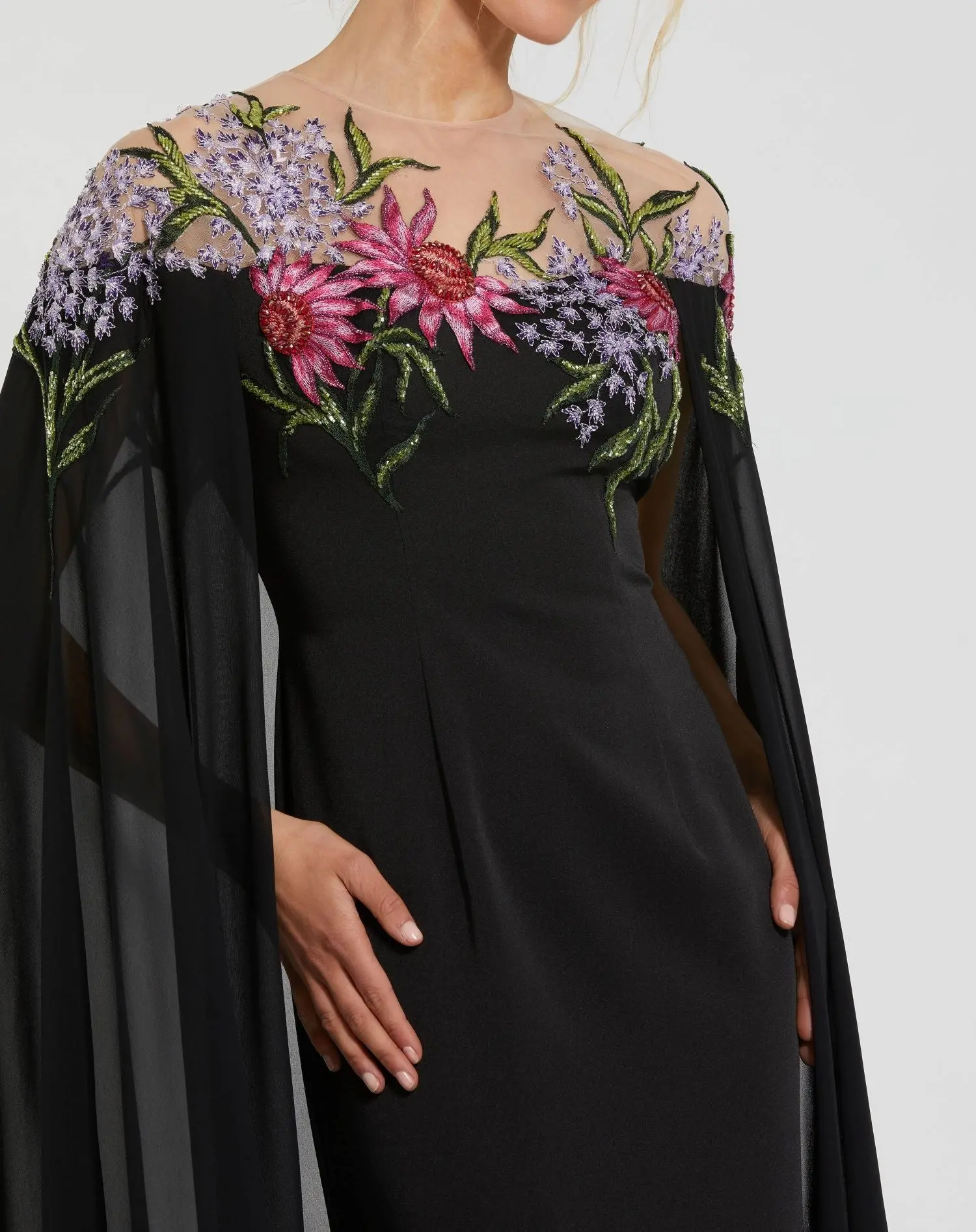 Black Sheer Cape Gown with Beaded Embroidery - Image 2