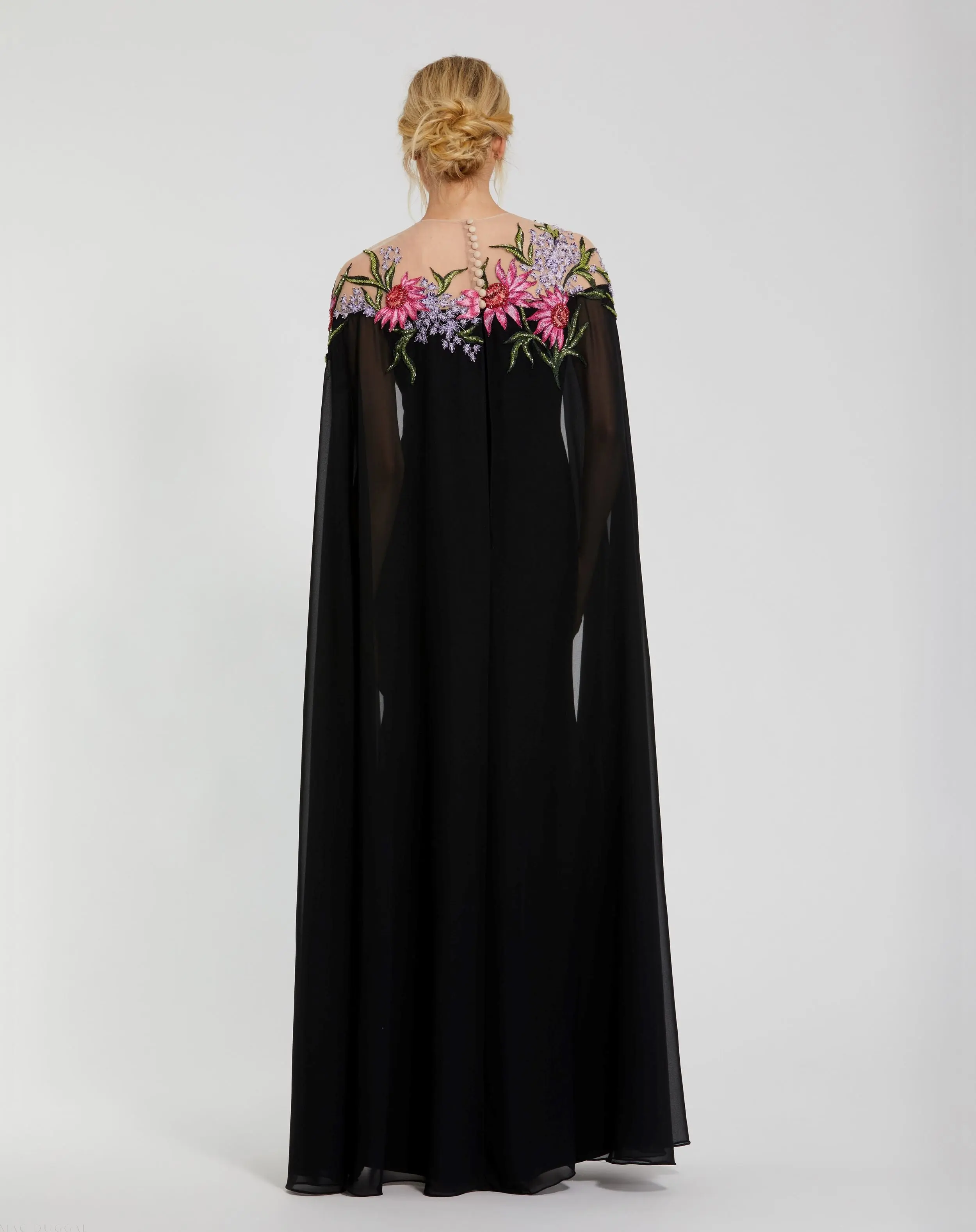 Black Sheer Cape Gown with Beaded Embroidery - Image 3