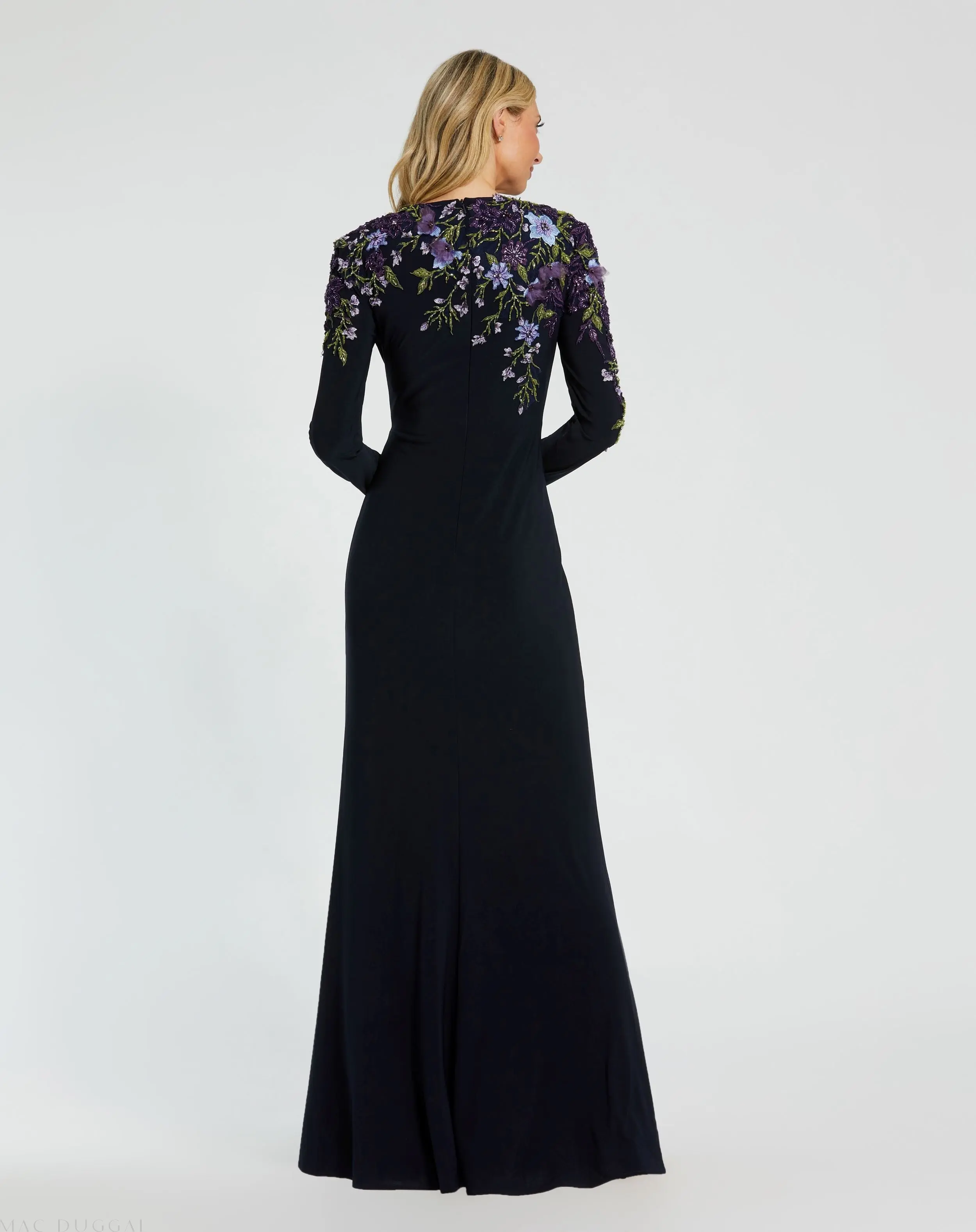 Navy Embellished Long Sleeve Fitted Jersey Gown - Image 3