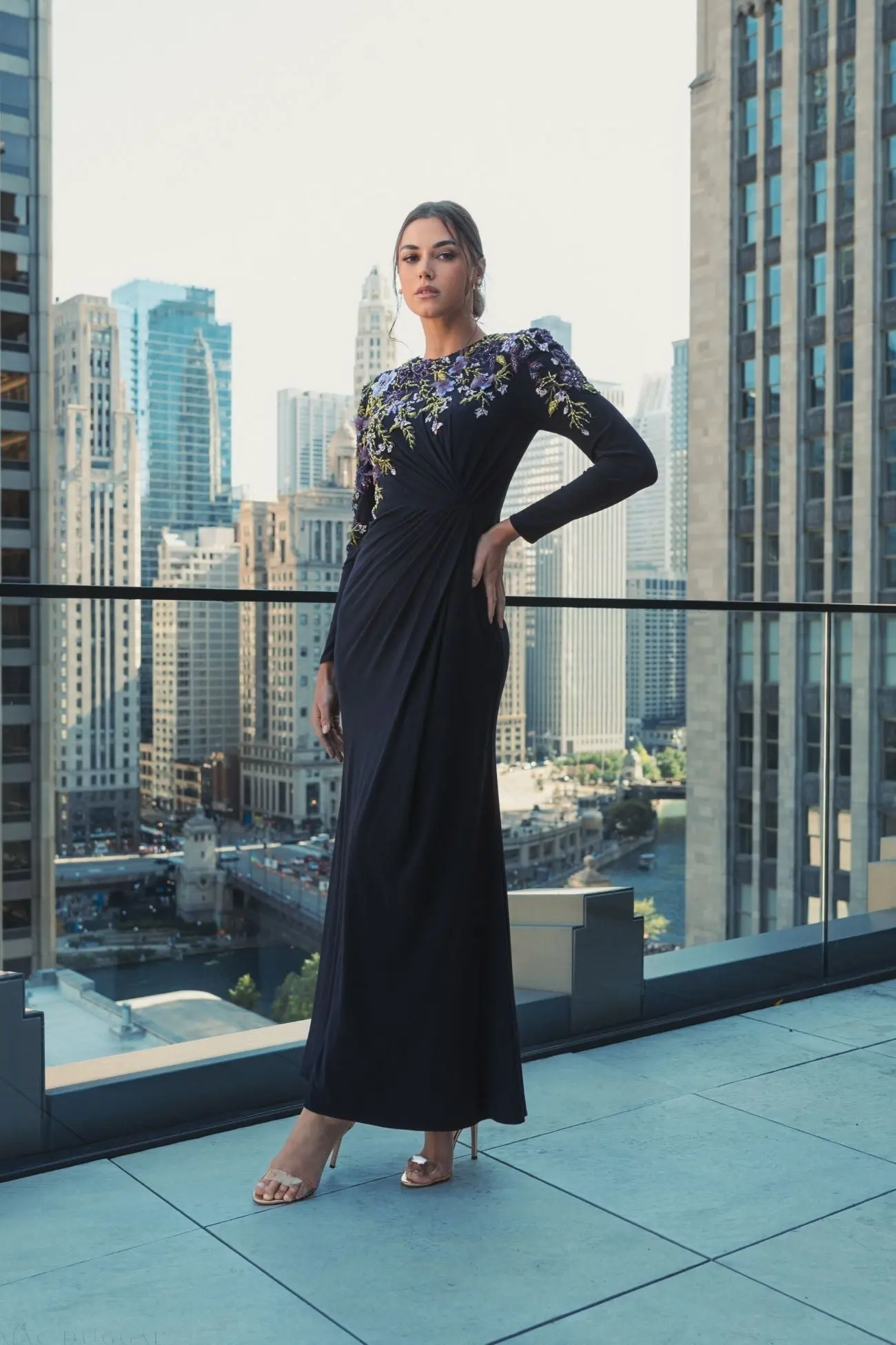 Navy Embellished Long Sleeve Fitted Jersey Gown - Image 4