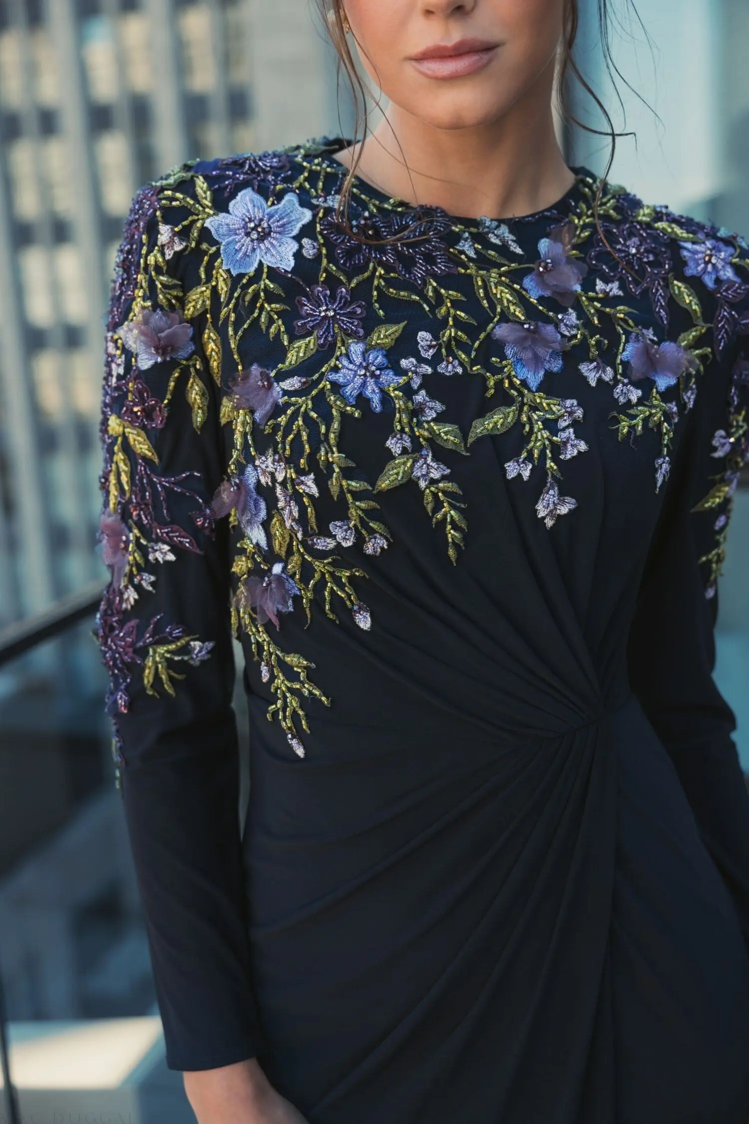 Navy Embellished Long Sleeve Fitted Jersey Gown - Image 5