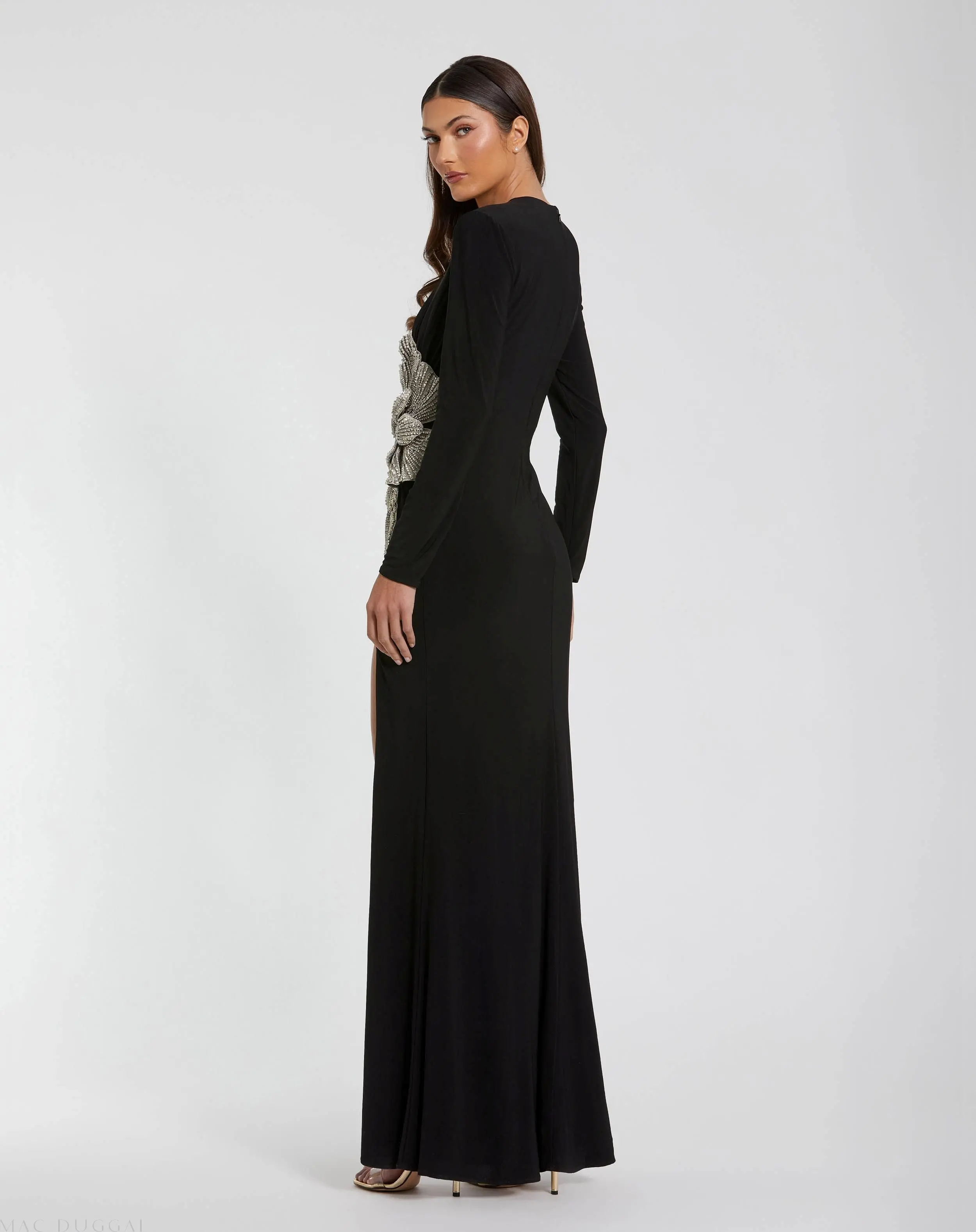 Black Jersey Gown With Embellished Flower - Image 3