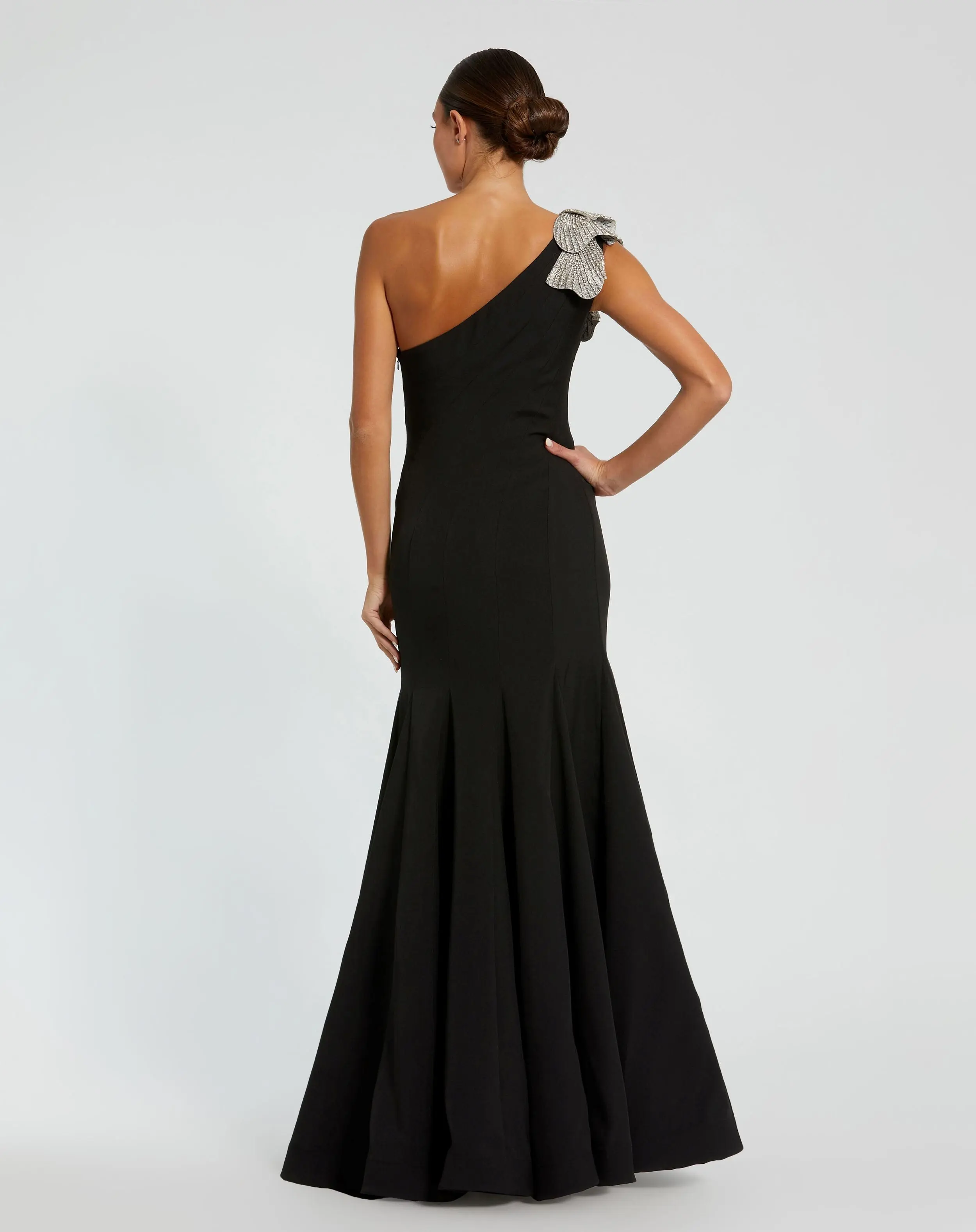 Black Crepe One Shoulder Gown With Crystal Flower - Image 3