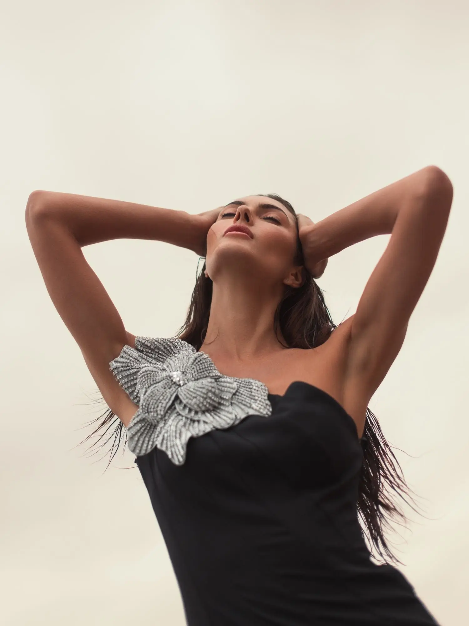 Black Crepe One Shoulder Gown With Crystal Flower - Image 6