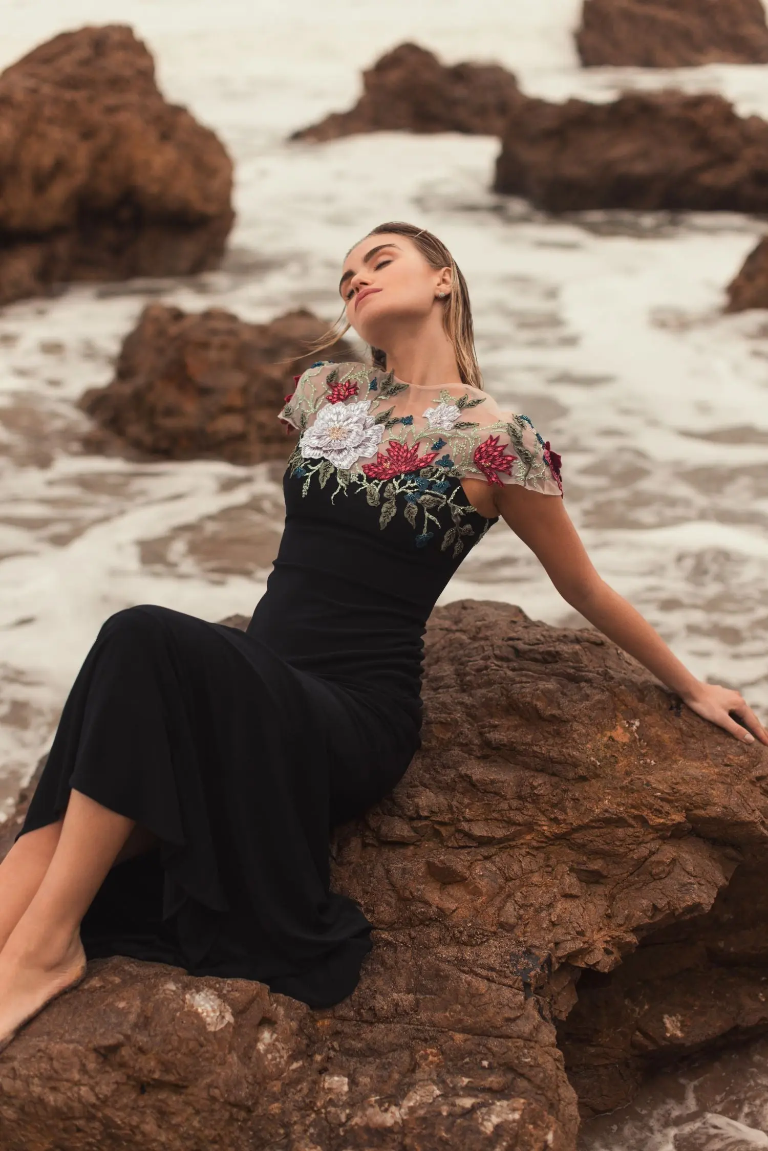 Black Floral Embellished Jersey Column Gown - Image 5