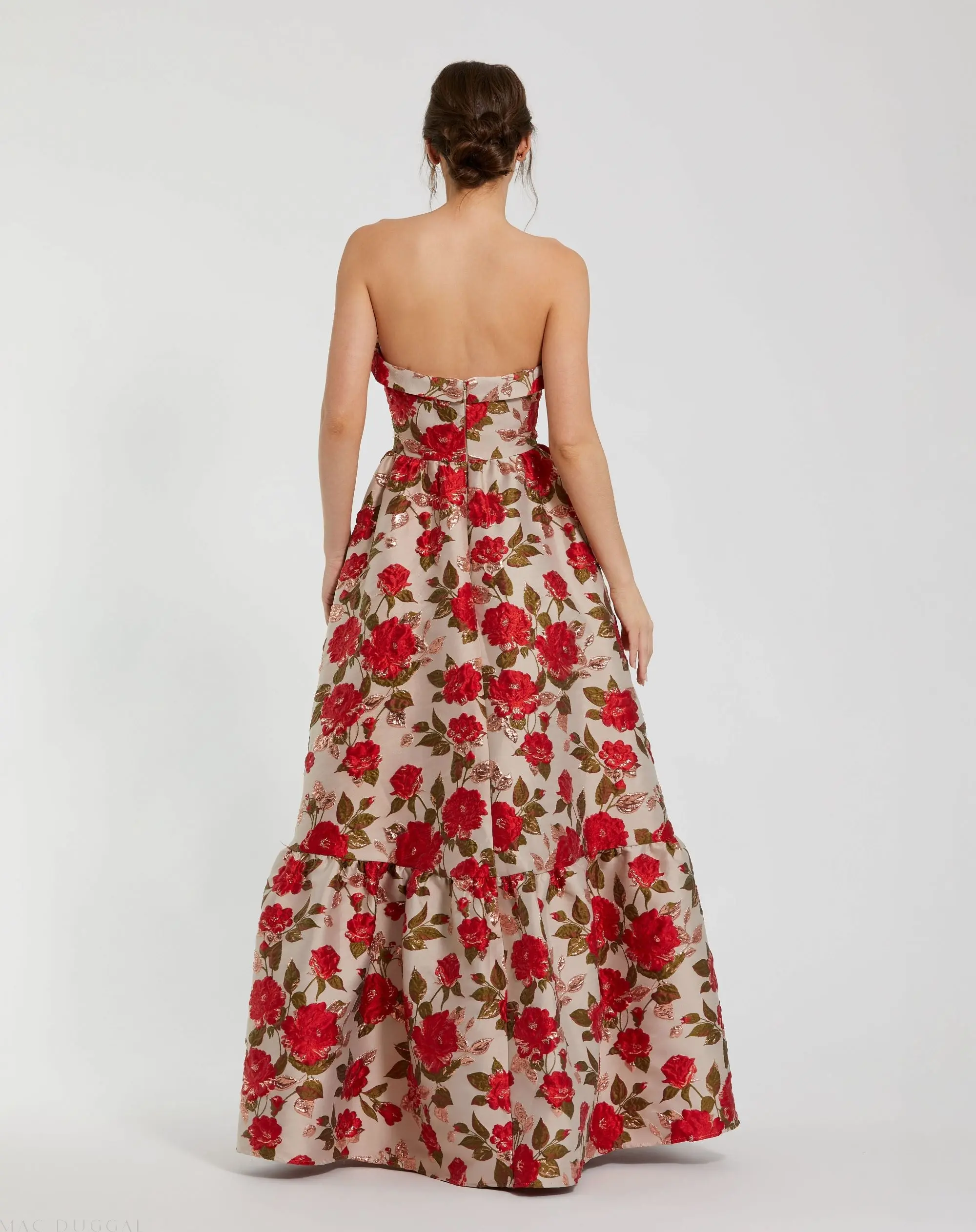 Multicolor Brocade Strapless Floral Gown With Ruffle Hem - Image 3