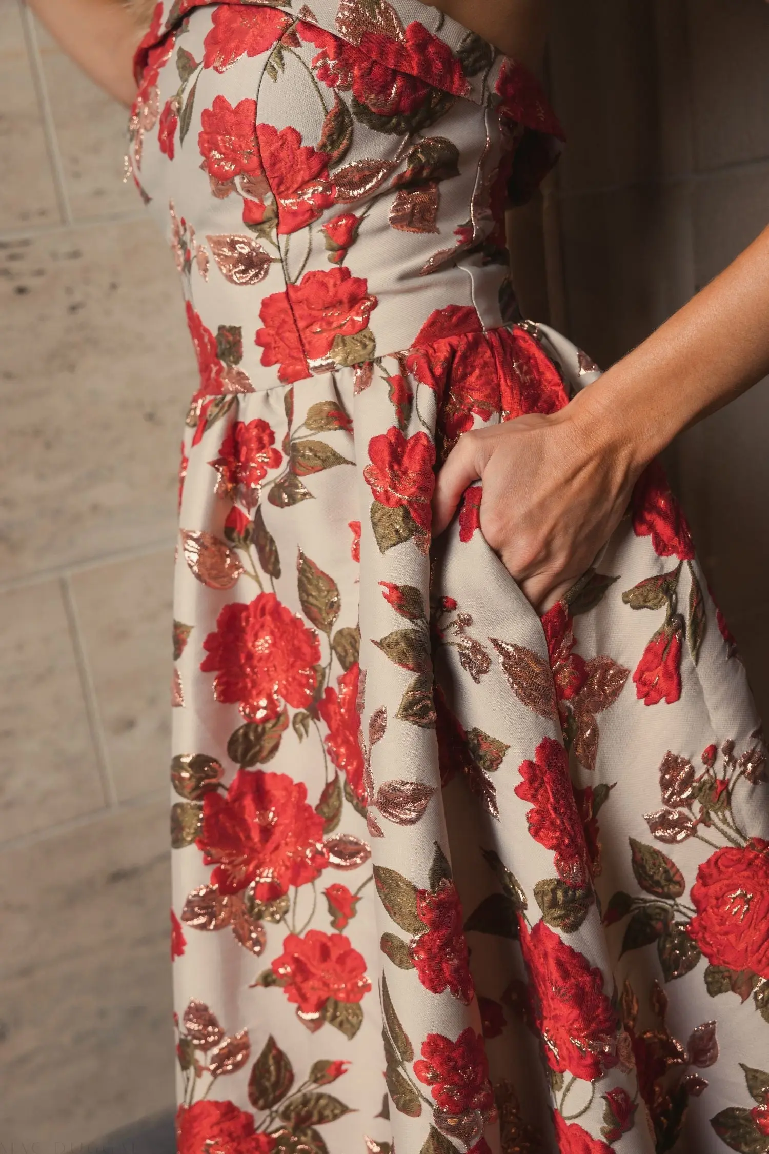 Multicolor Brocade Strapless Floral Gown With Ruffle Hem - Image 5