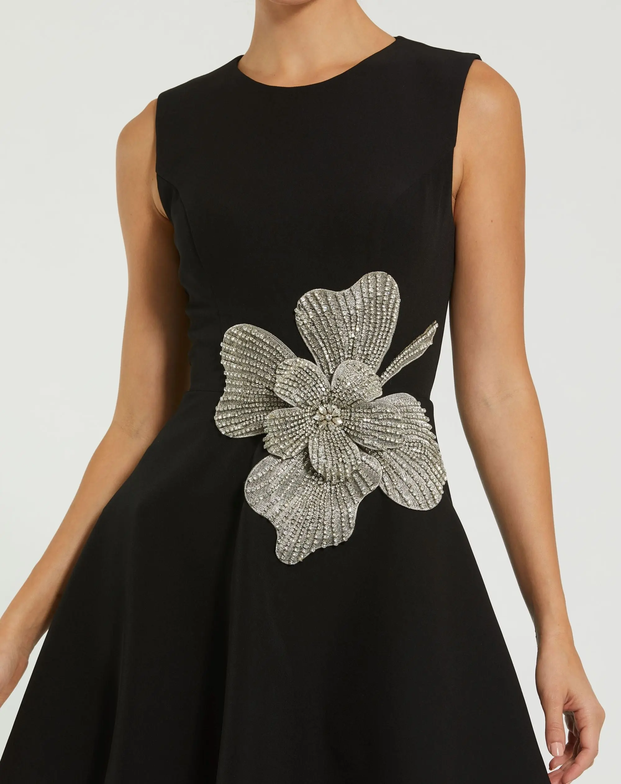 Black Sleeveless Crepe Mini Dress With Rhinestone Flower - Image 2