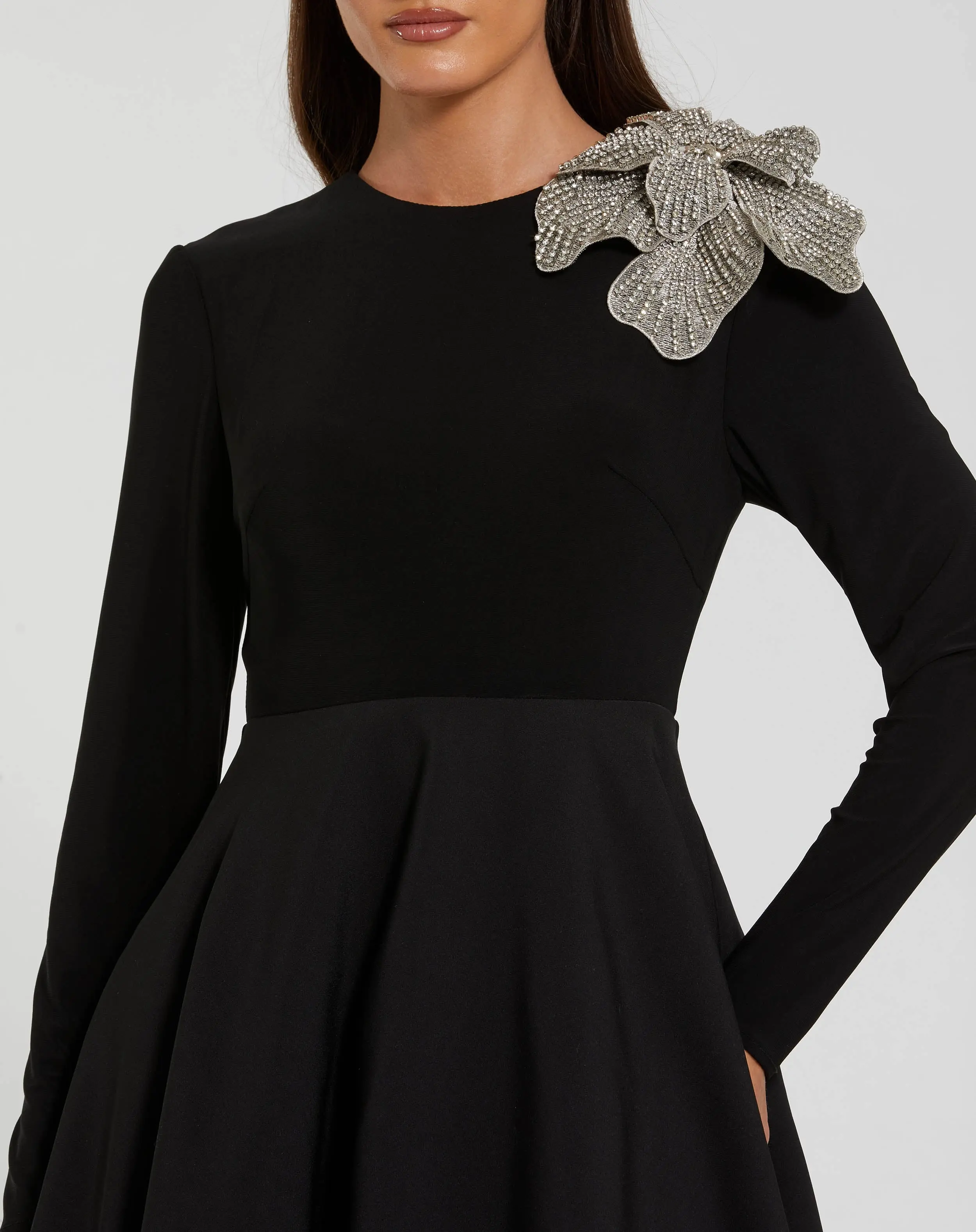 Black Long Sleeve Taffeta Ballgown with 3D Rhinestone Flower - Image 2