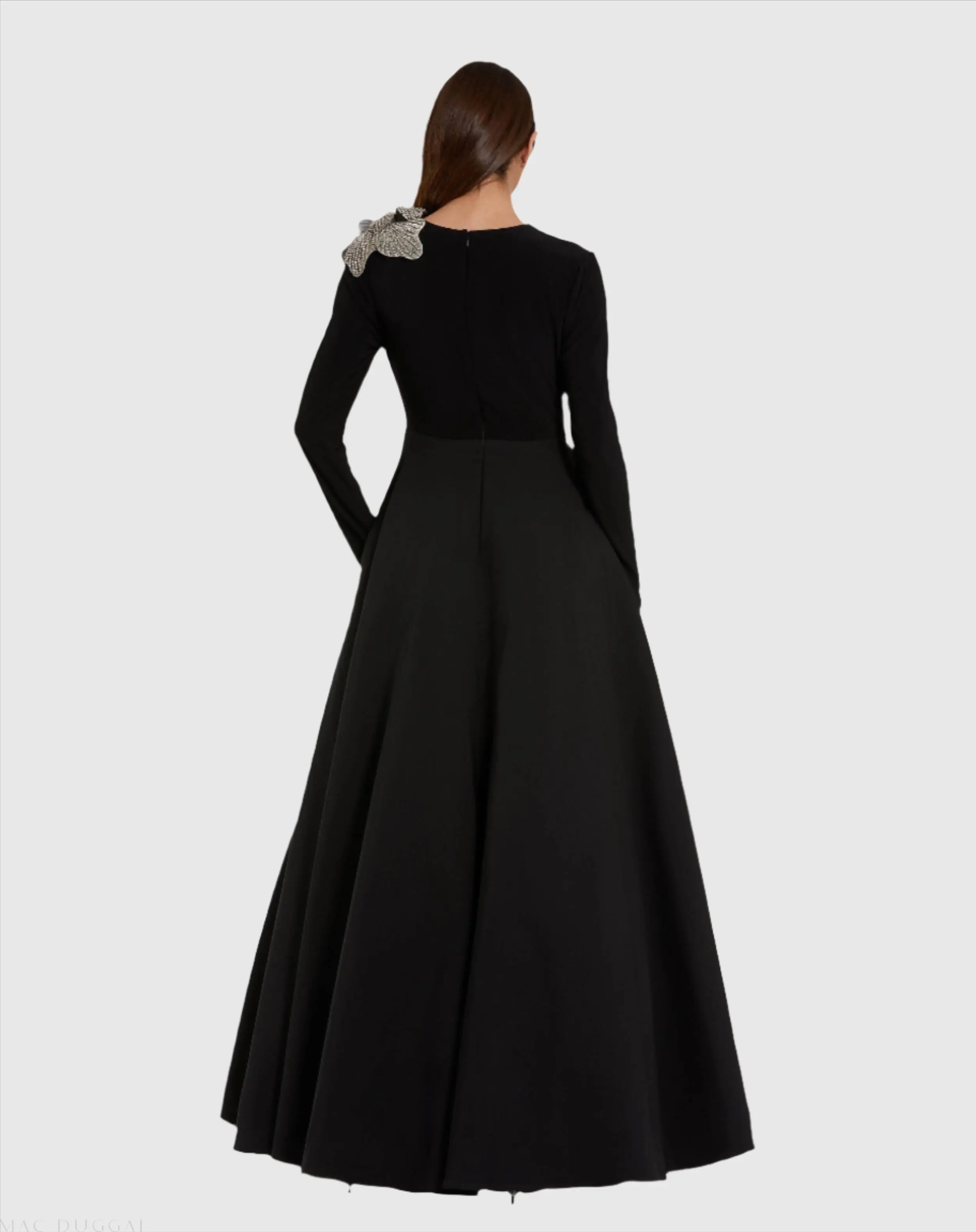 Black Long Sleeve Taffeta Ballgown with 3D Rhinestone Flower - Image 3