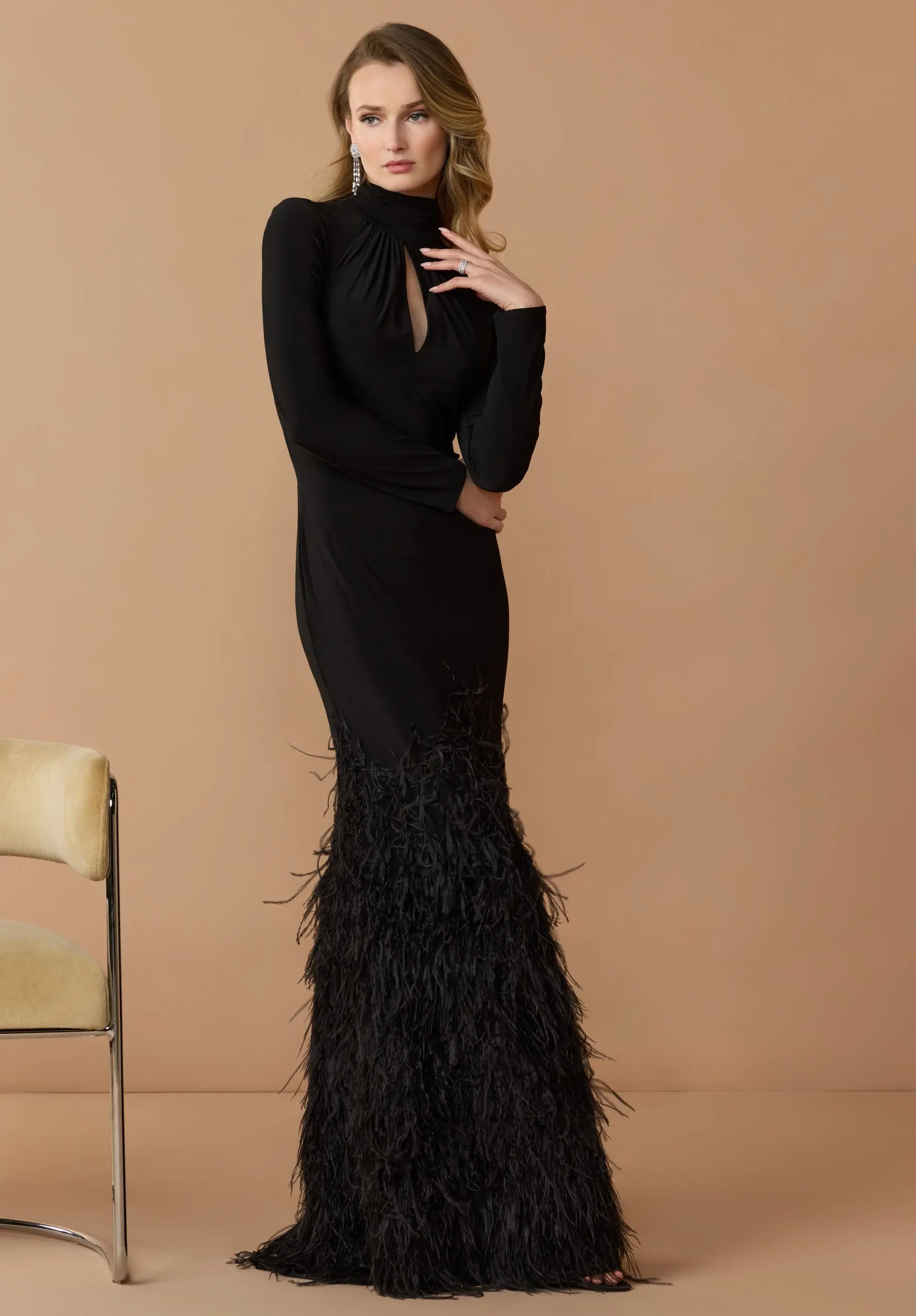 Black Long Sleeve High Neck Feather Trim Gown - Image 3