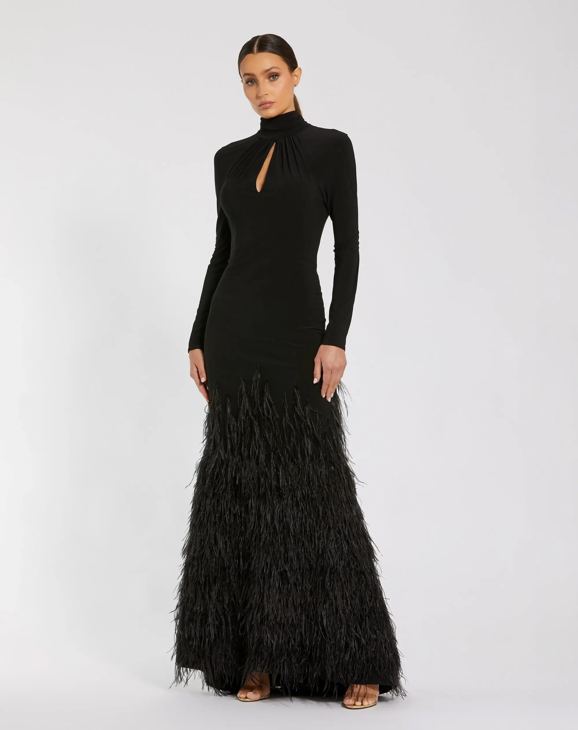Black Long Sleeve High Neck Feather Trim Gown - Image 4