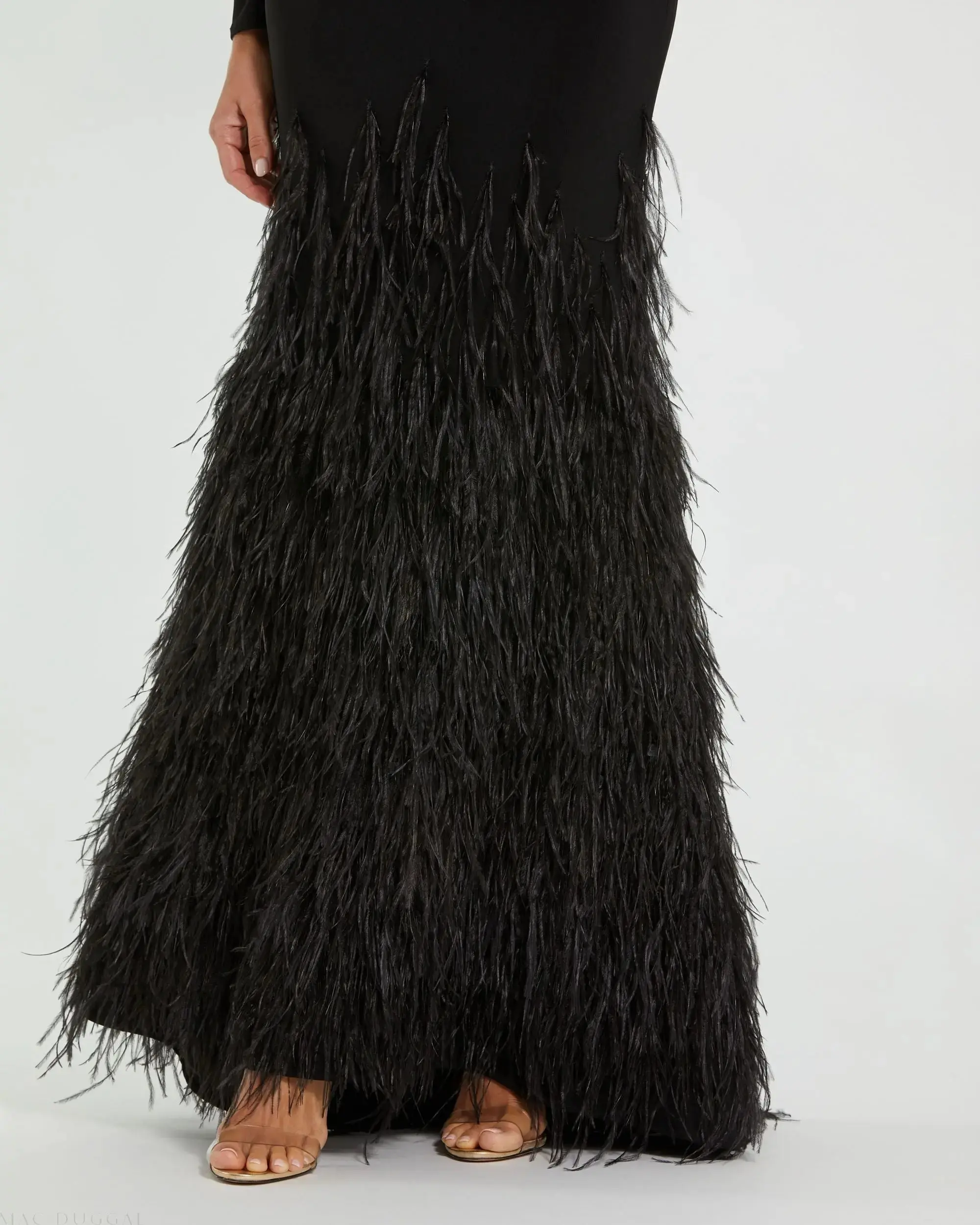 Black Long Sleeve High Neck Feather Trim Gown - Image 5