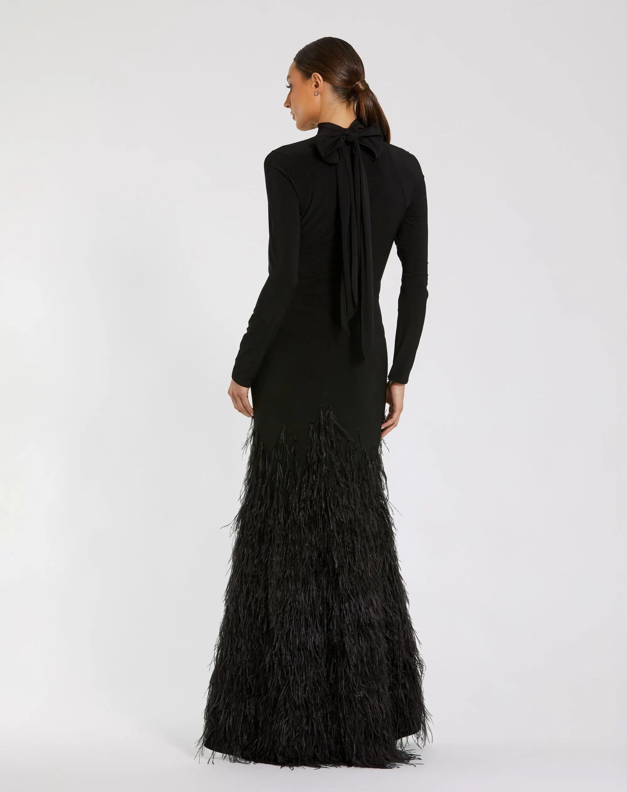 Black Long Sleeve High Neck Feather Trim Gown - Image 6
