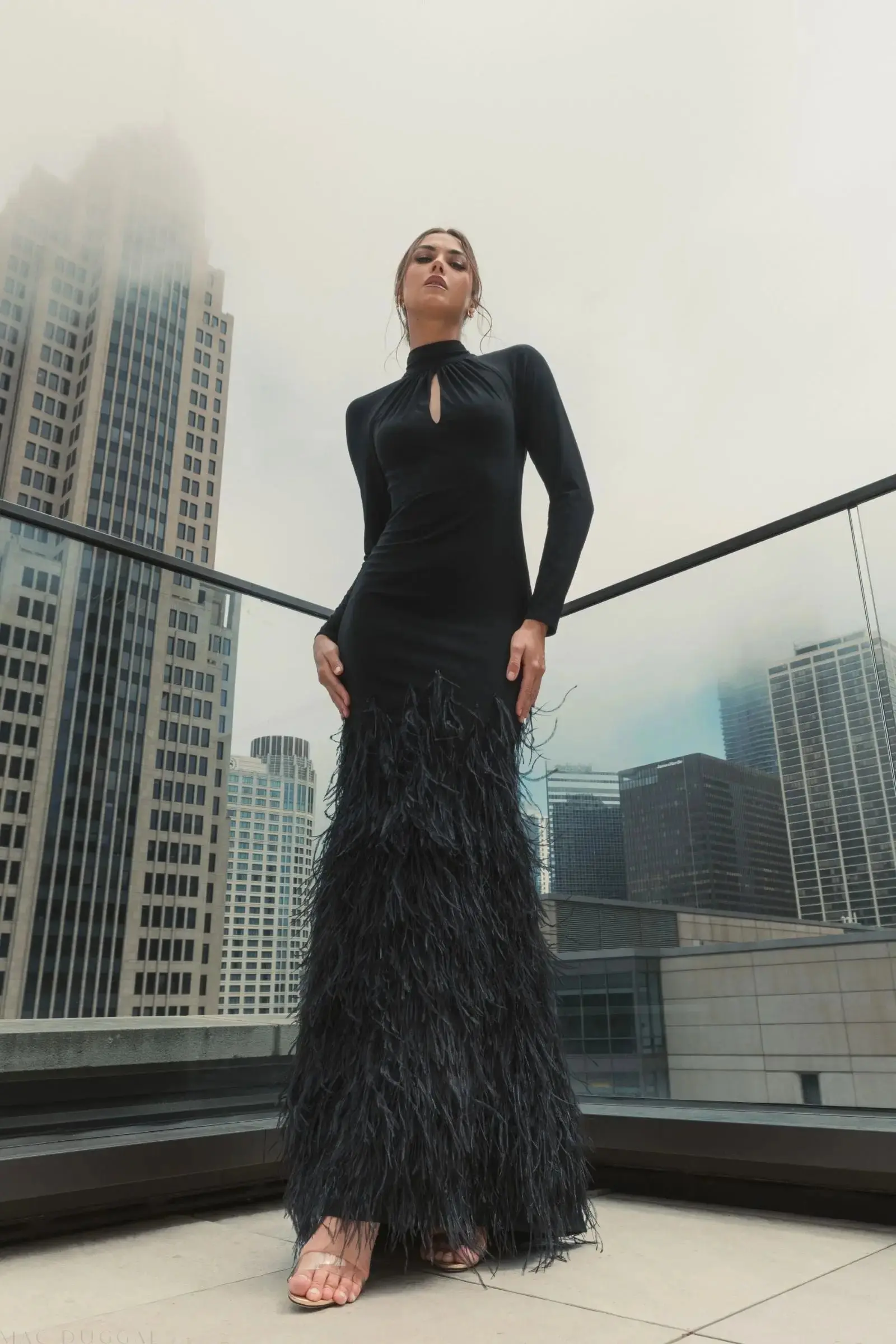 Black Long Sleeve High Neck Feather Trim Gown - Image 7