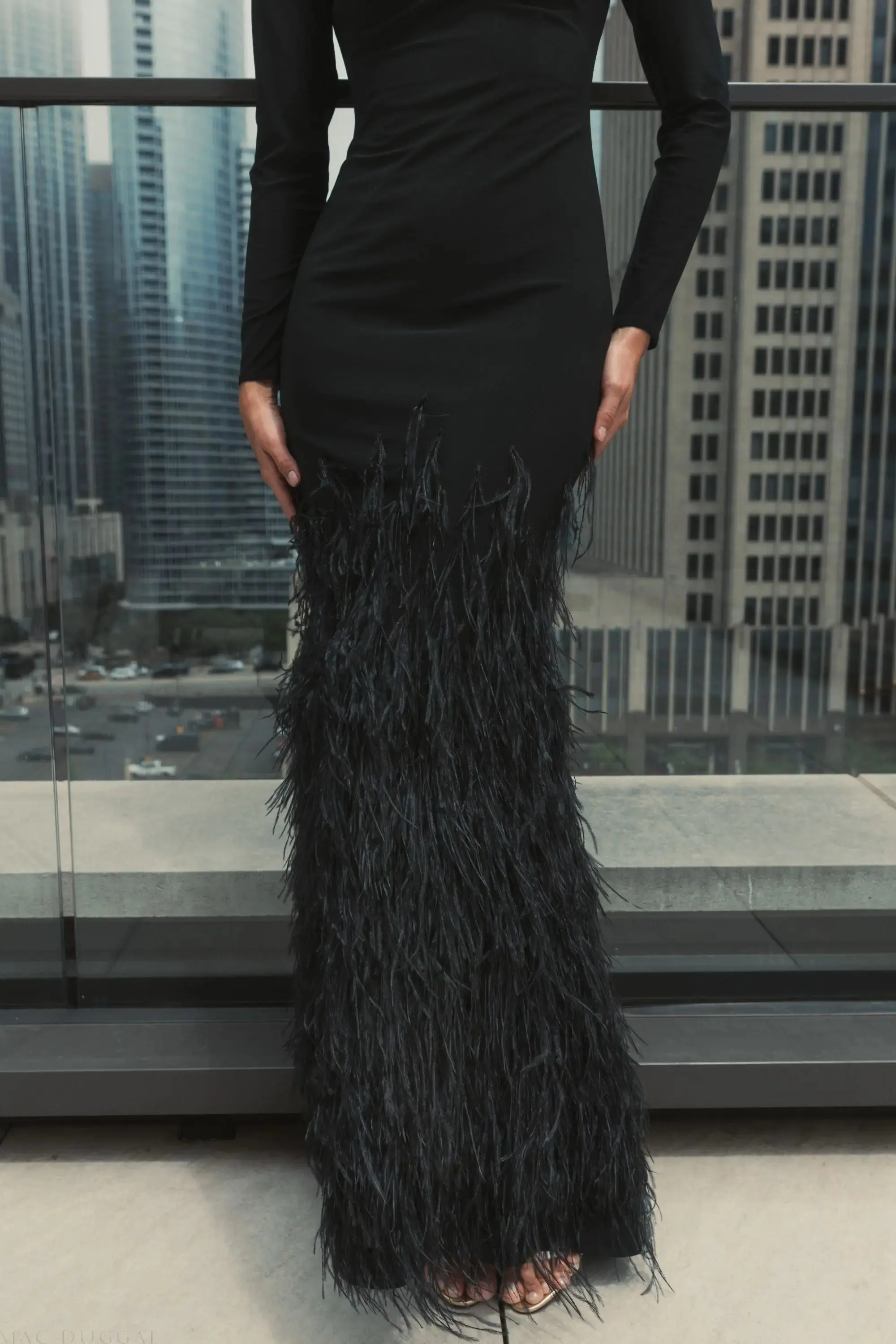 Black Long Sleeve High Neck Feather Trim Gown - Image 8